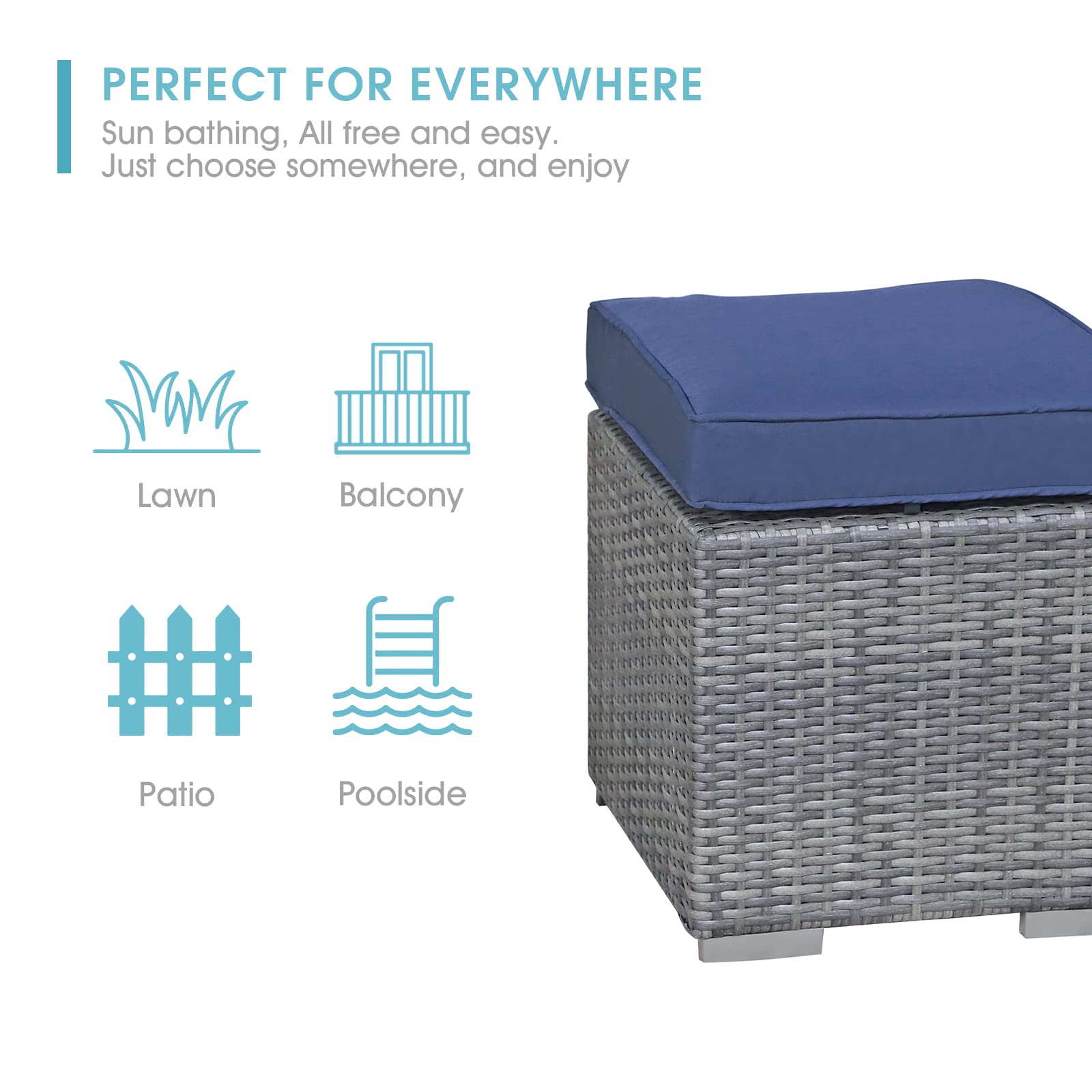 2-Piece Outdoor Patio Ottoman Set with Navy Blue Cushions