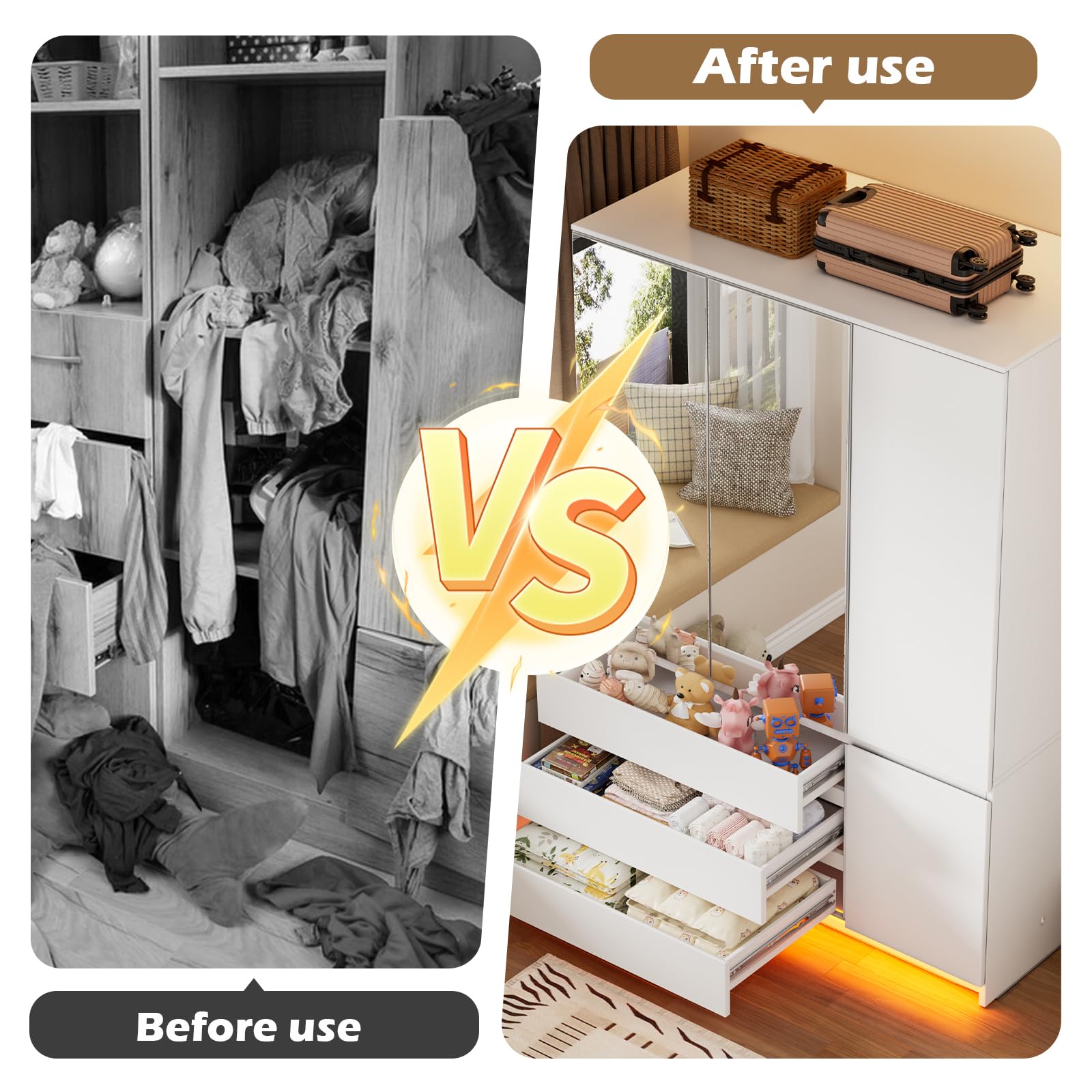 3-Door Armoire Wardrobe with Mirror and LED Lights