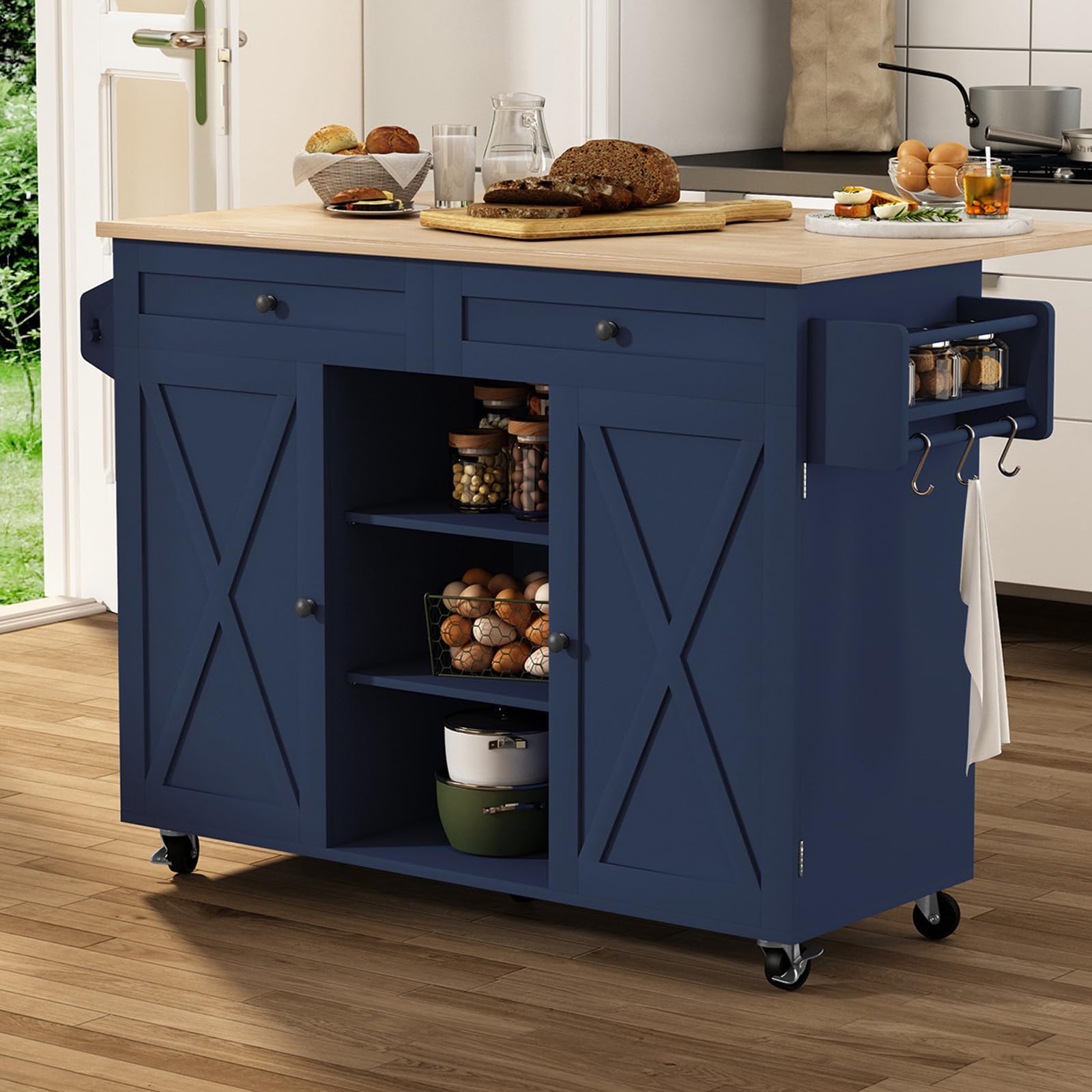 Blue Rolling Kitchen Island Cart with Drop Leaf and Storage