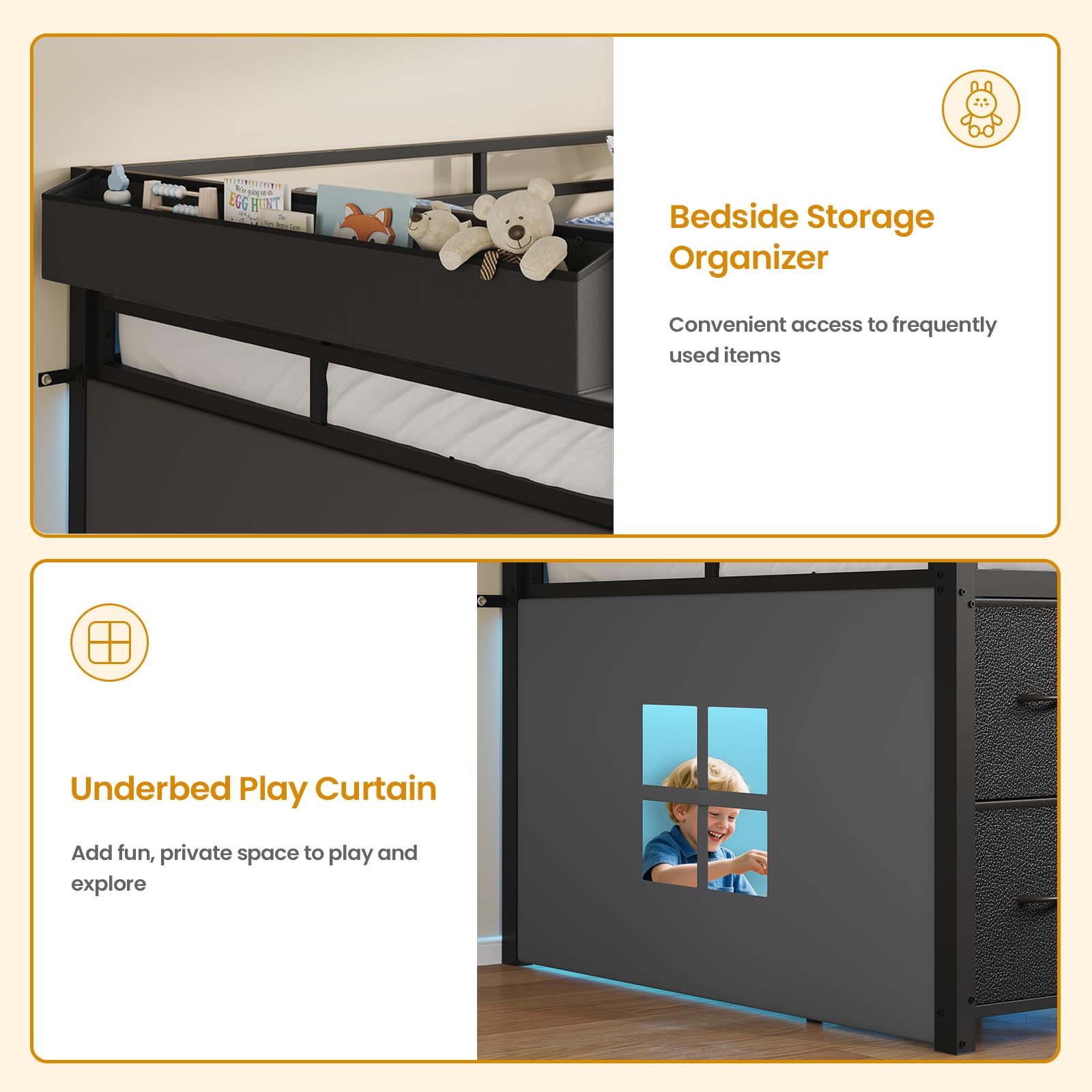 ADORNEVE Low Loft Bed Twin Size with 7 Storage Drawers, Bookcase and LED Lights, Metal Kids Loft Bed with 14" H Safety Guardrail,Inclined Ladder and Play Curtain, Under-Bed Play Space, Black