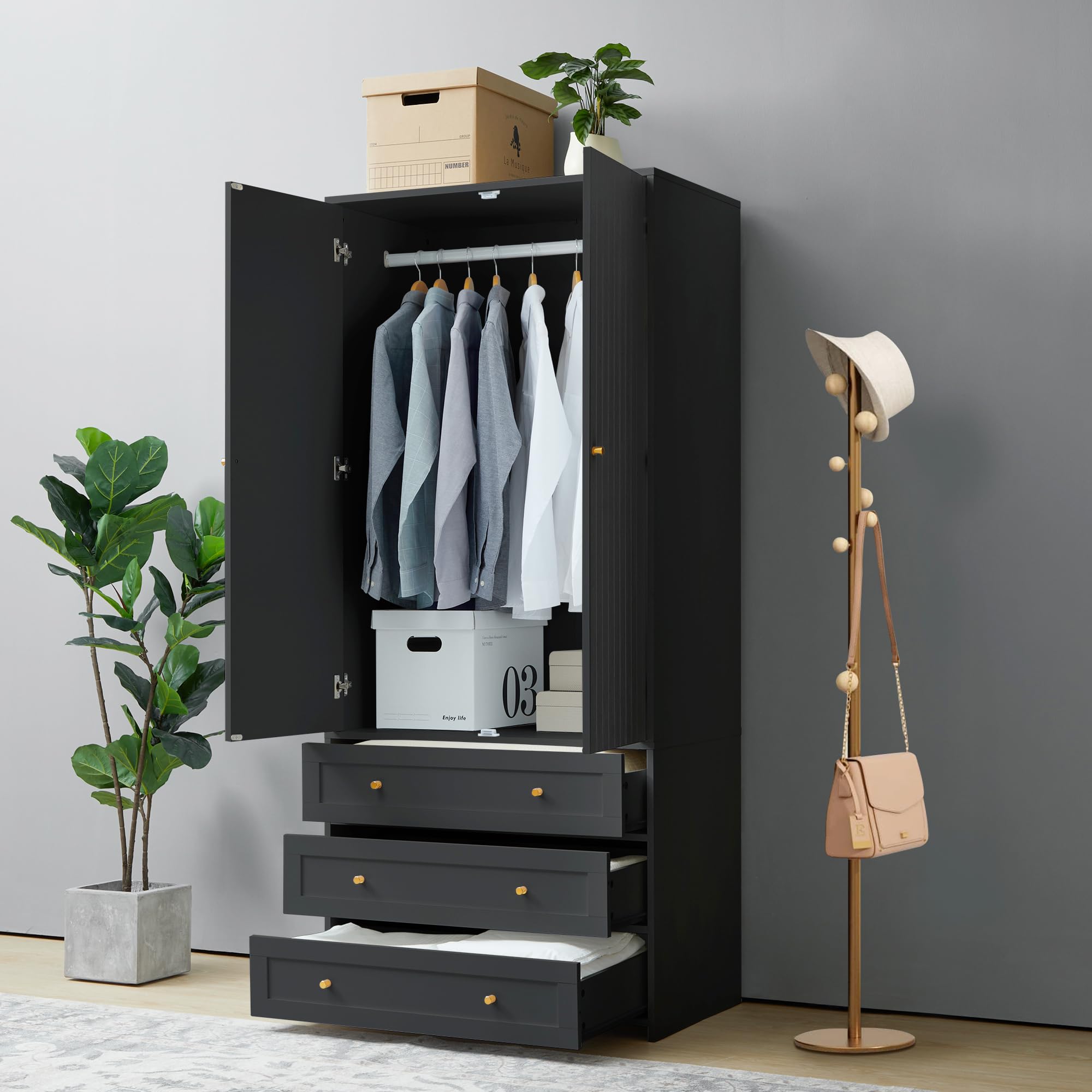 2-Door Wardrobe Armoire with 3 Drawers and Hanging Rod