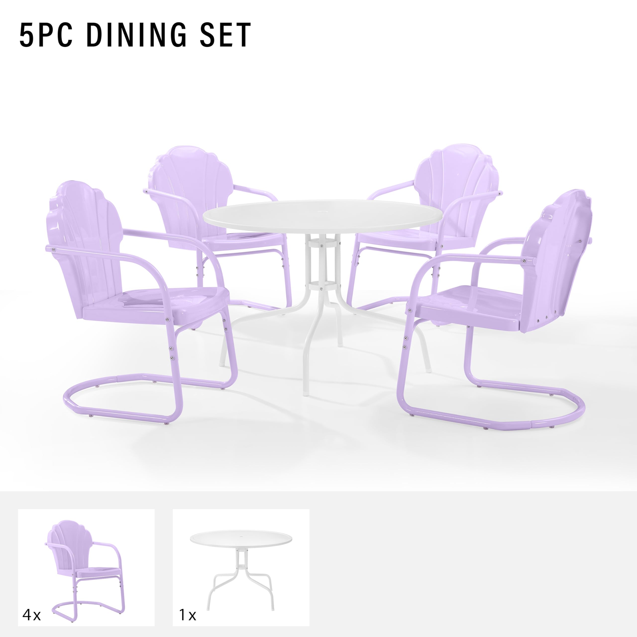 Crosley Furniture Tulip 5-Piece Outdoor Dining Set for 4, Vintage Retro Metal Round Patio Table and Chairs, Lavender Gloss/White Satin