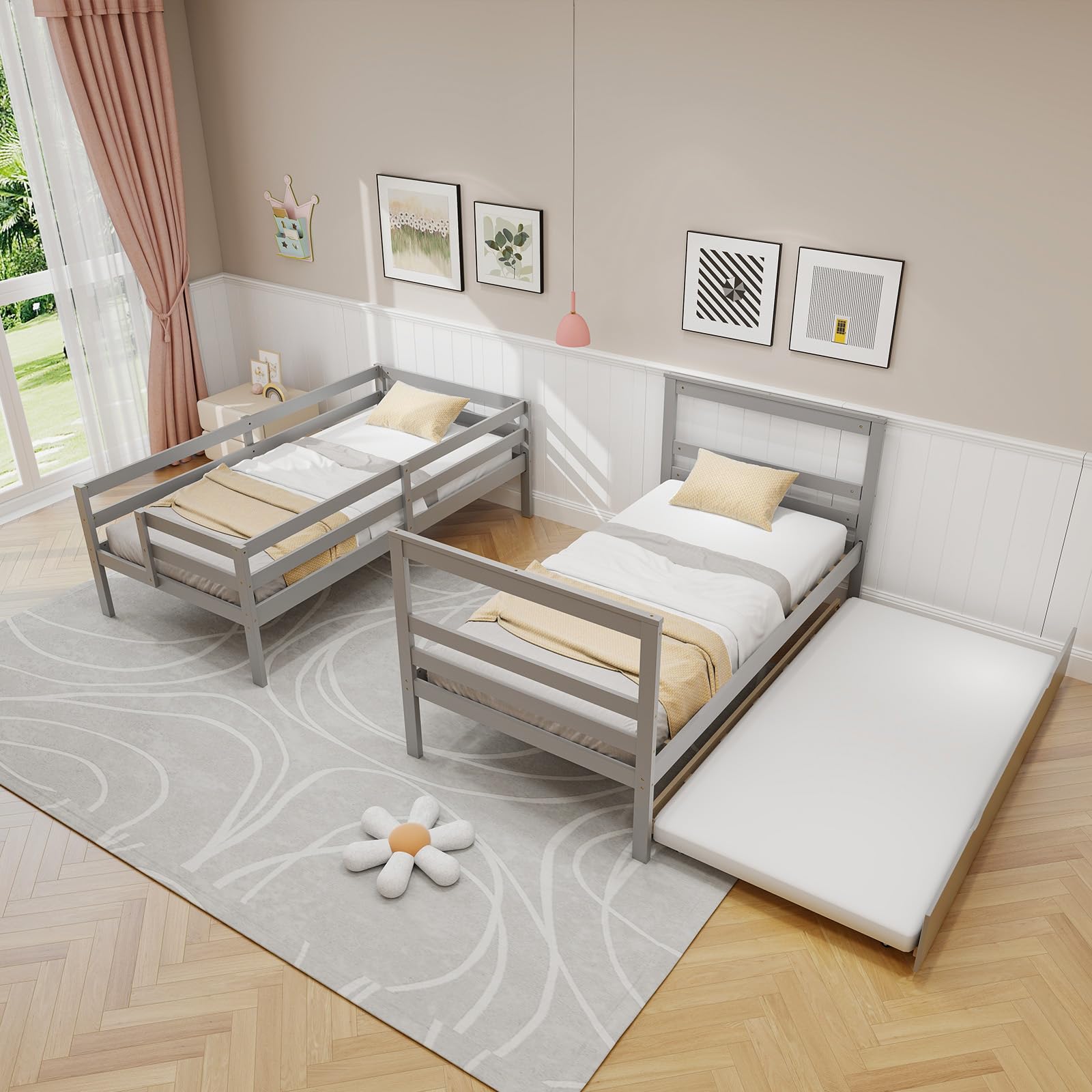 Twin Over Twin Bunk Bed with Trundle and Stairs