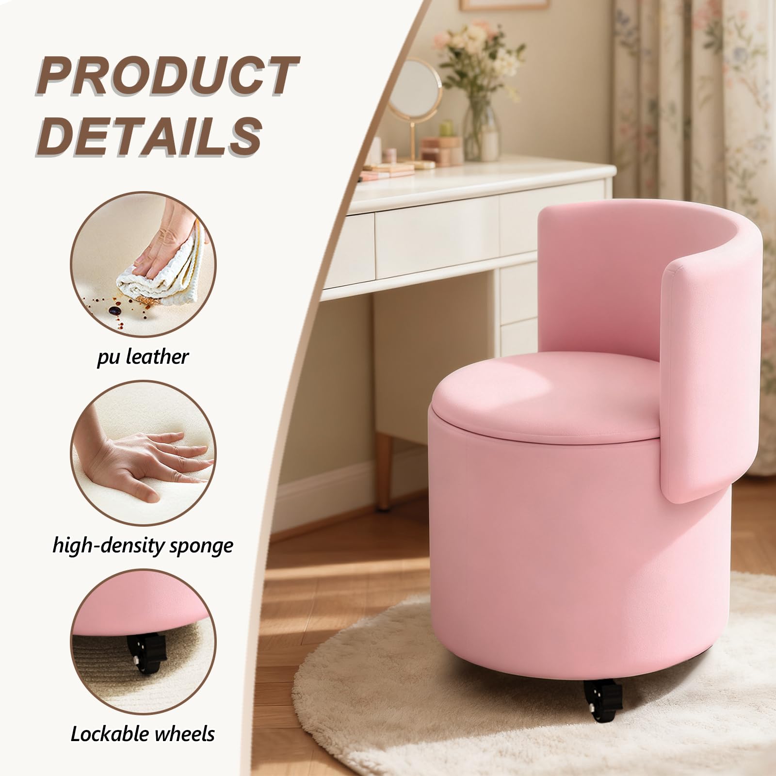 Rolling Round Vanity Chair with Storage