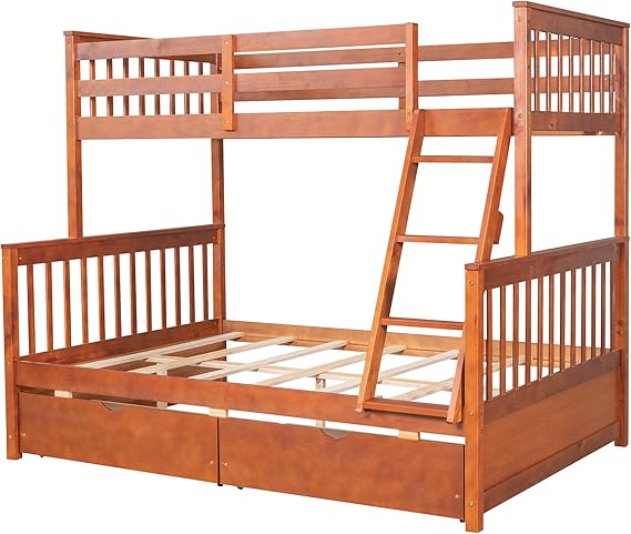 Wood Bunk Bed Twin Over Full with Storage Drawers