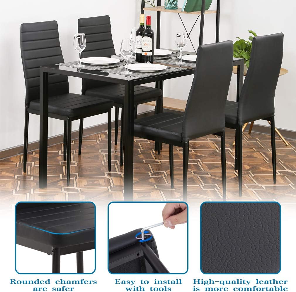 5-Piece Dining Table Set with Glass Top and Upholstered Chairs