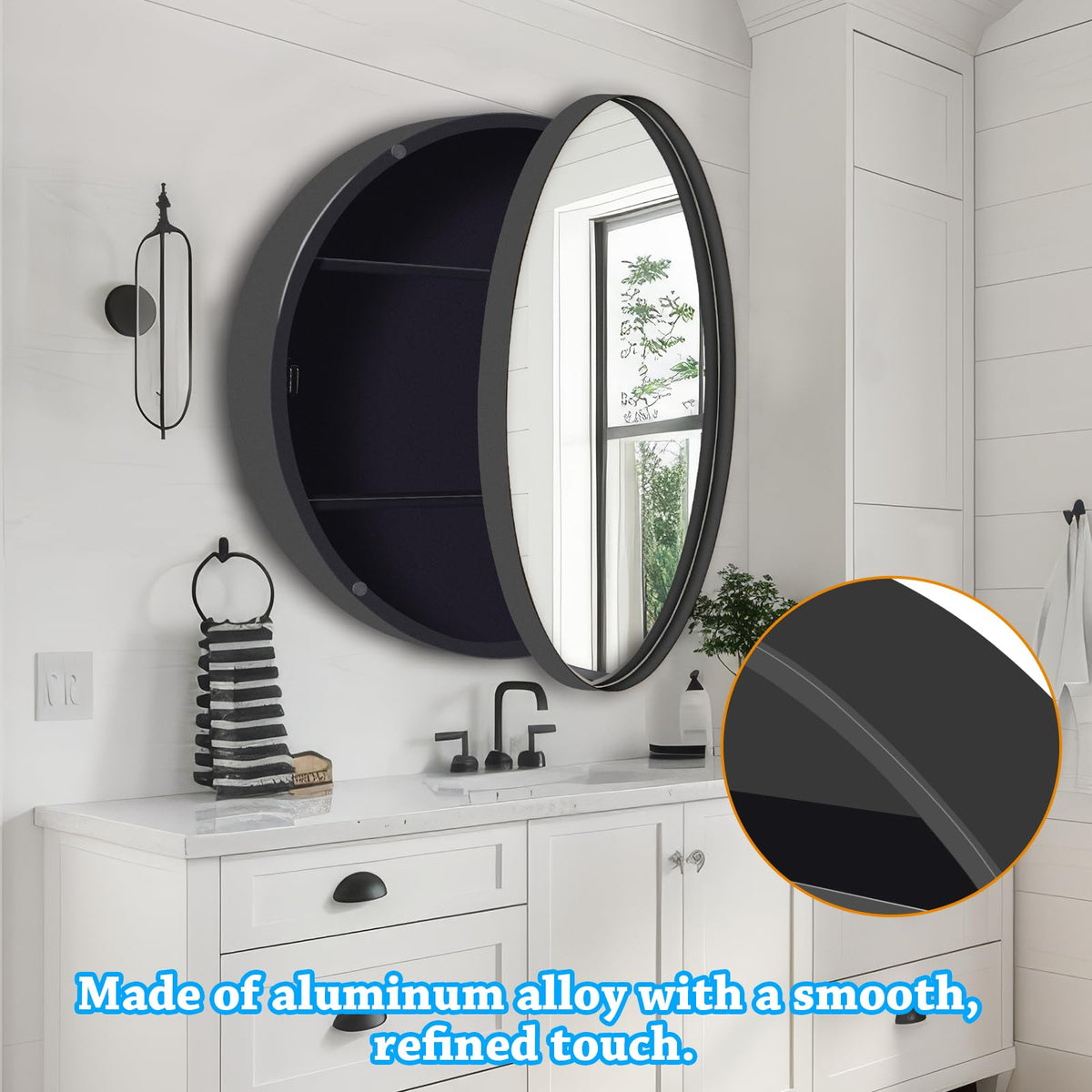 24 Inch Round Medicine Cabinet with Mirror - Black Metal Frame