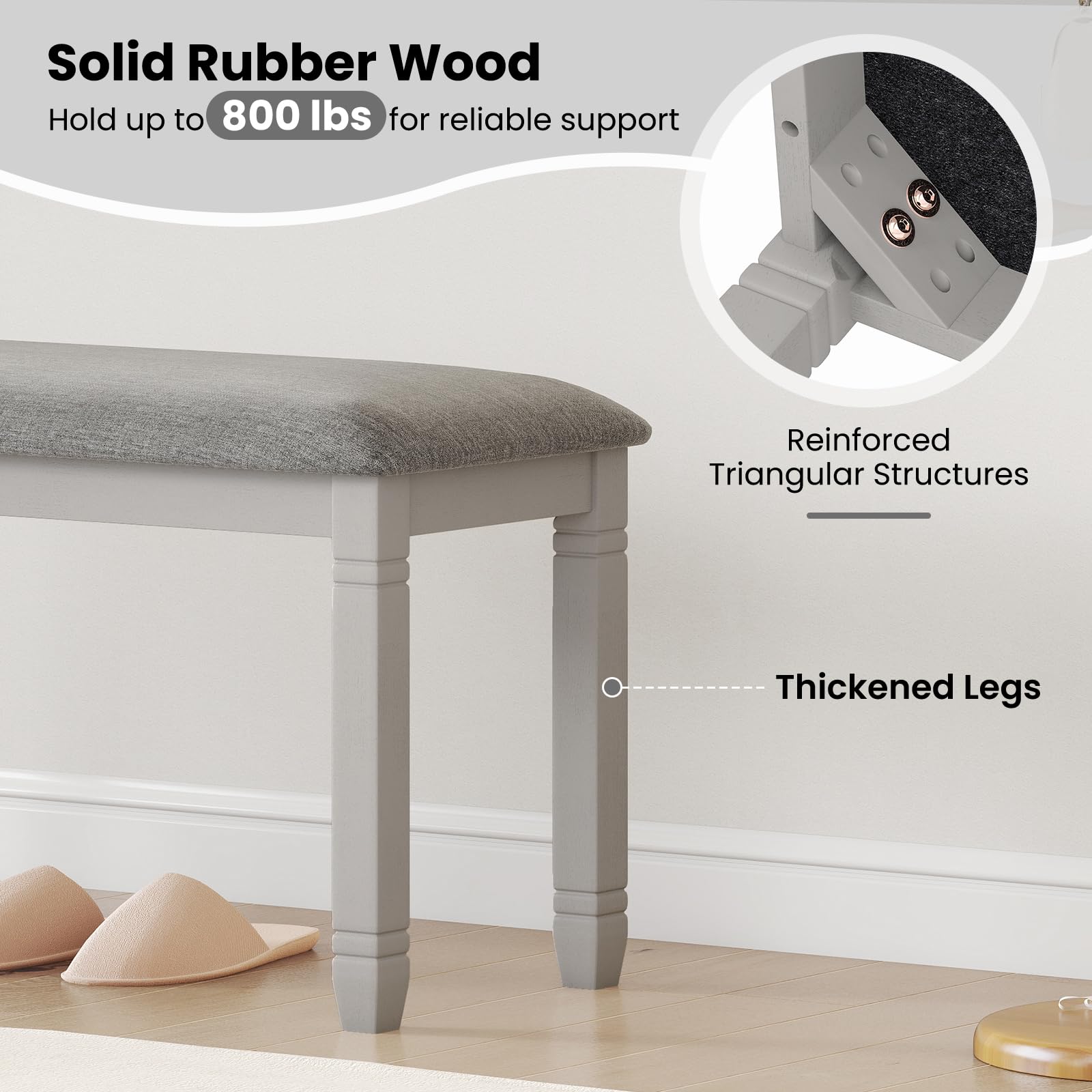 Upholstered Dining Bench with Padded Seat and Solid Wood Legs