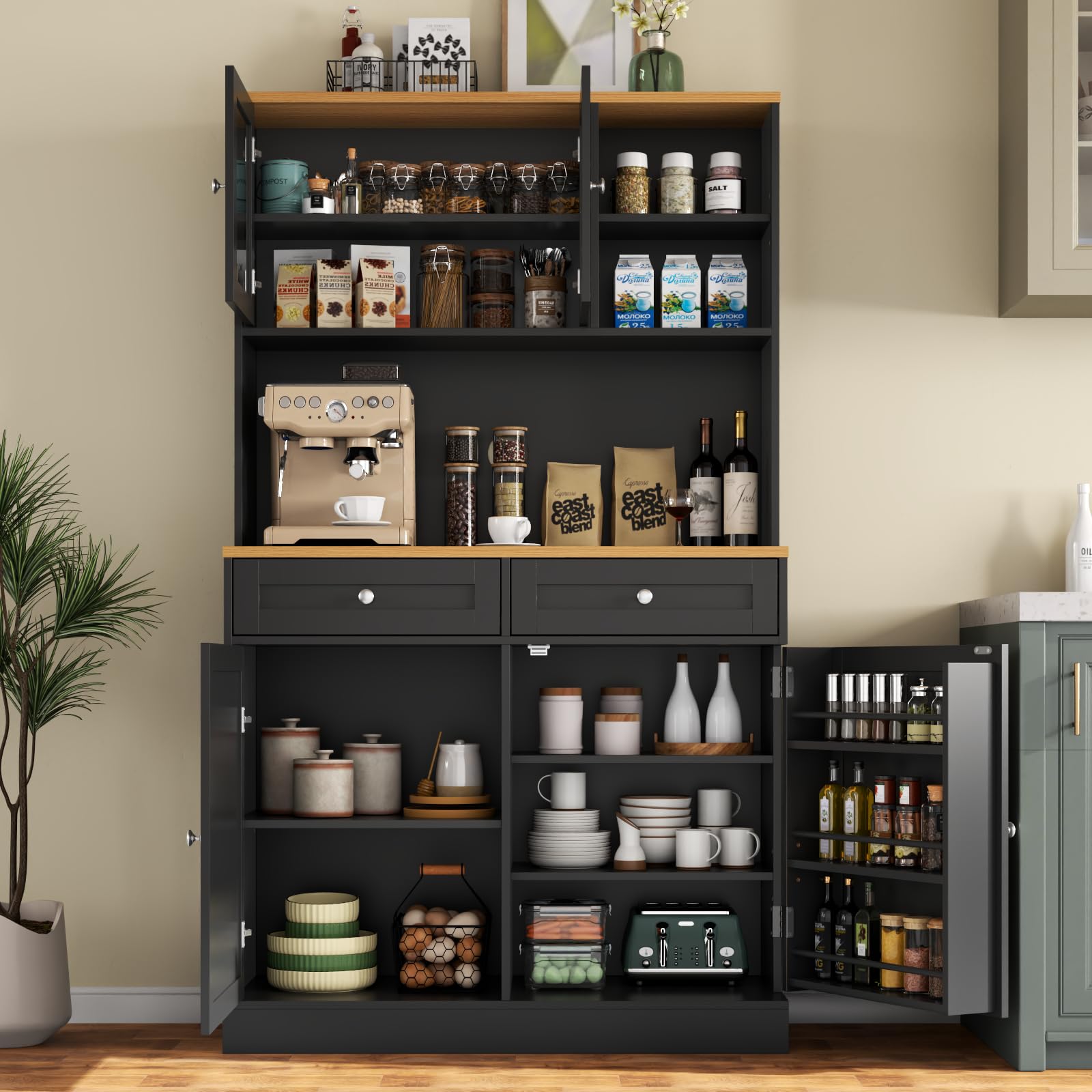 Kitchen Pantry Cabinet with Glass Doors