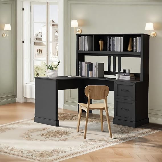 60" L-Shaped Computer Desk with Hutch and 2 Drawers