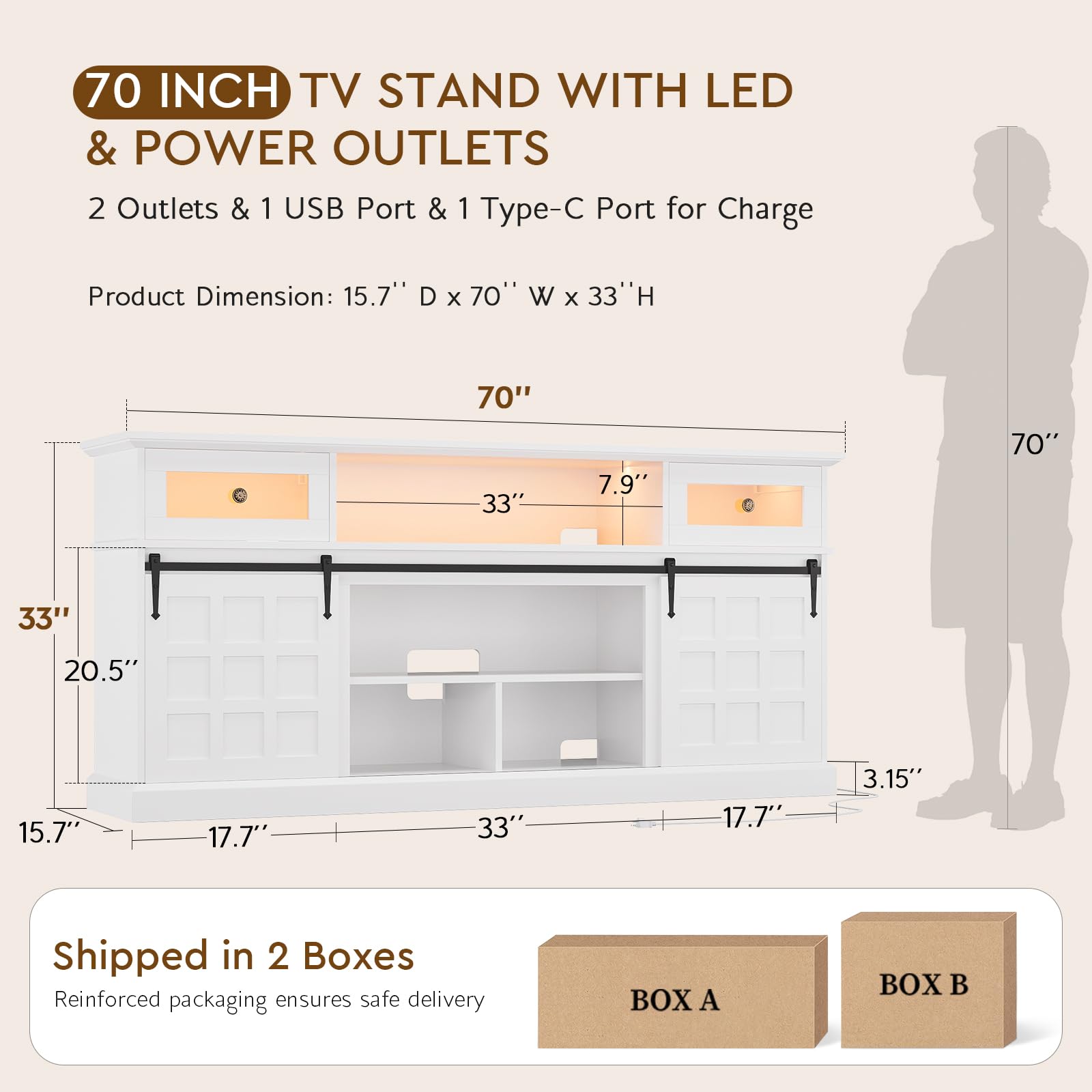 70" LED TV Stand with Outlets and Storage