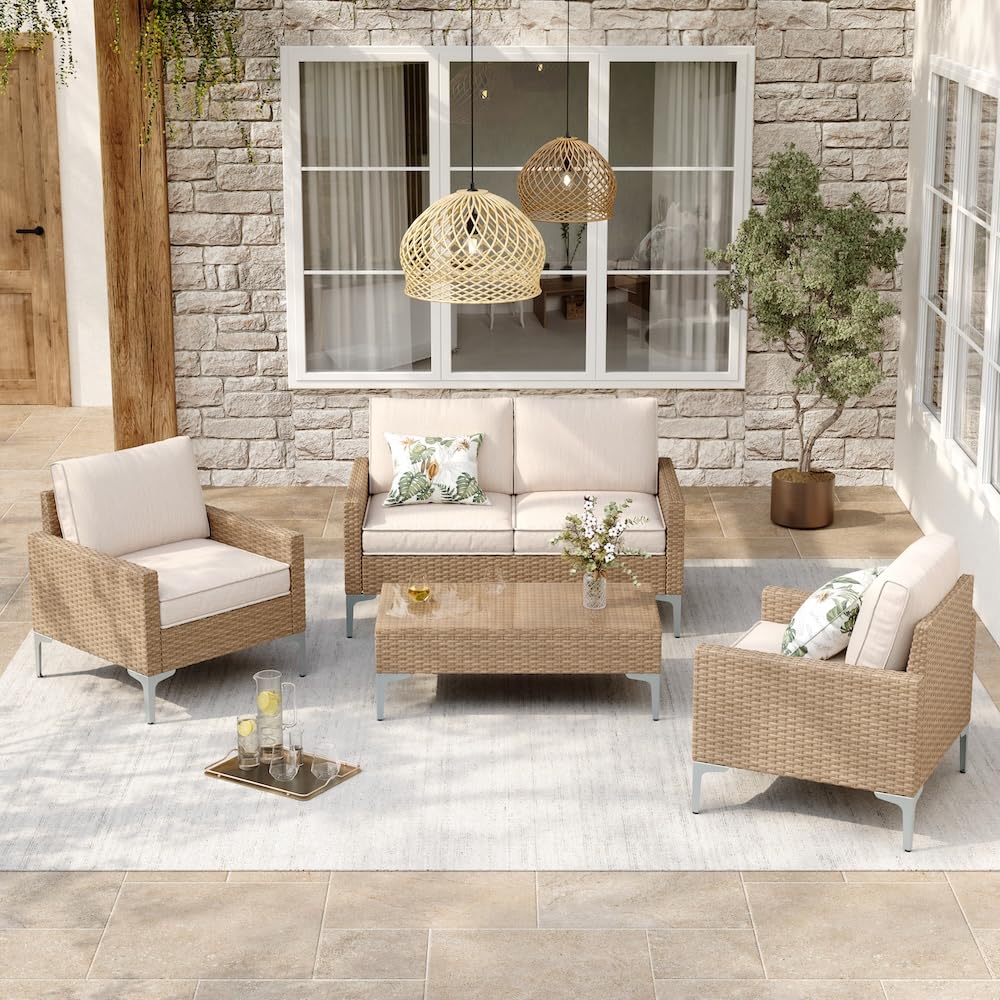 4-Piece Outdoor Wicker Patio Conversation Set with Tempered Glass Table