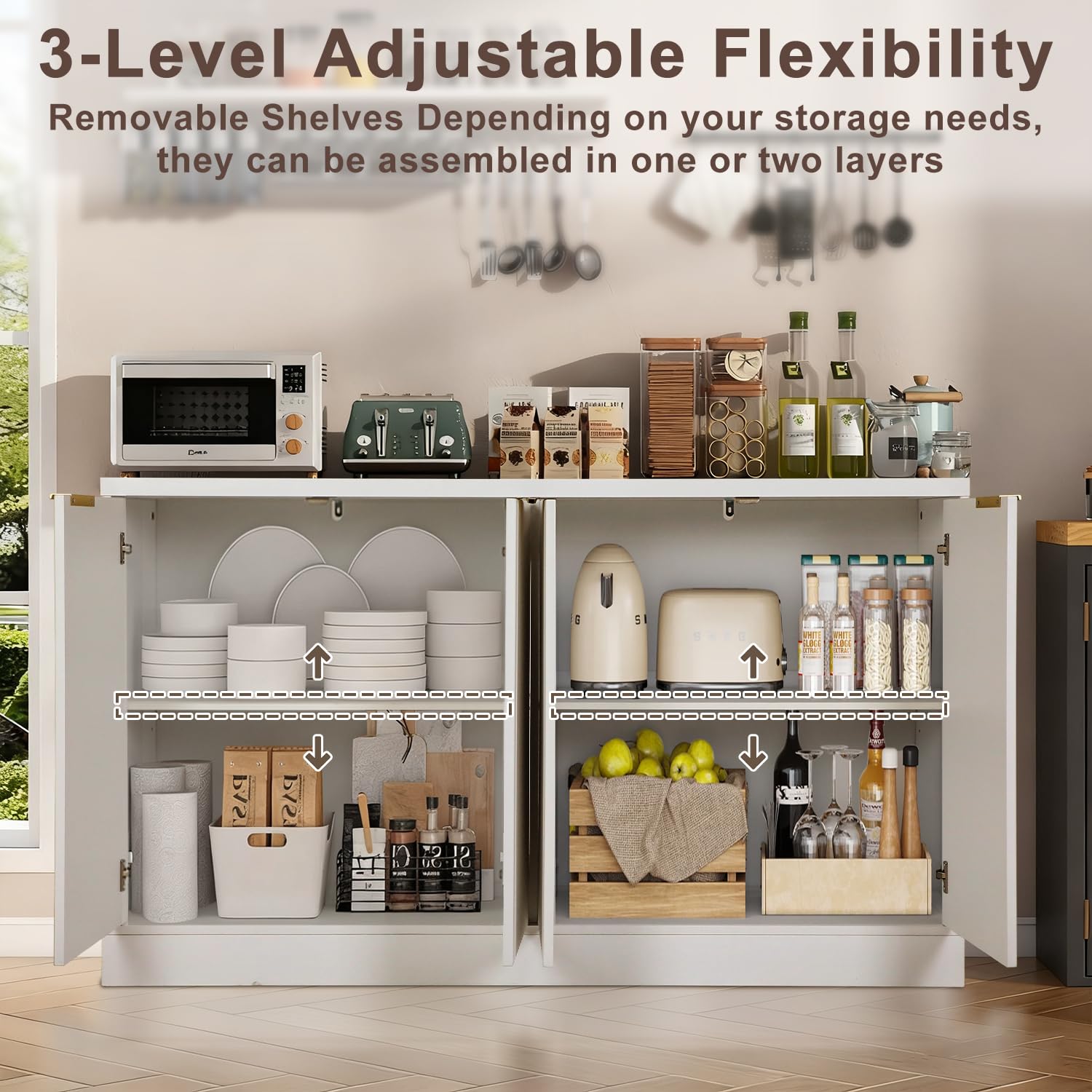 Fluted Buffet Sideboard Cabinet with Adjustable Shelves