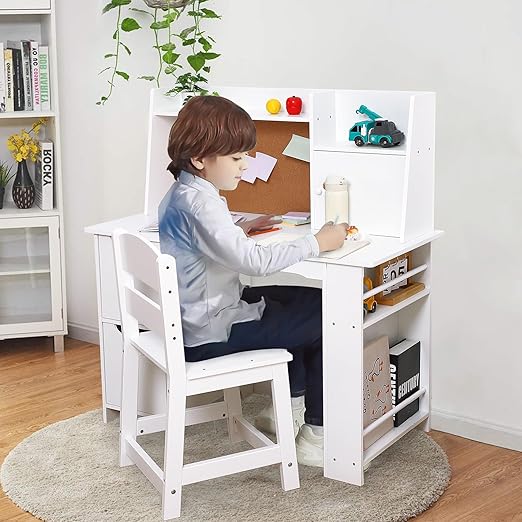 Kids Study Desk and Chair Set with Storage Hutch
