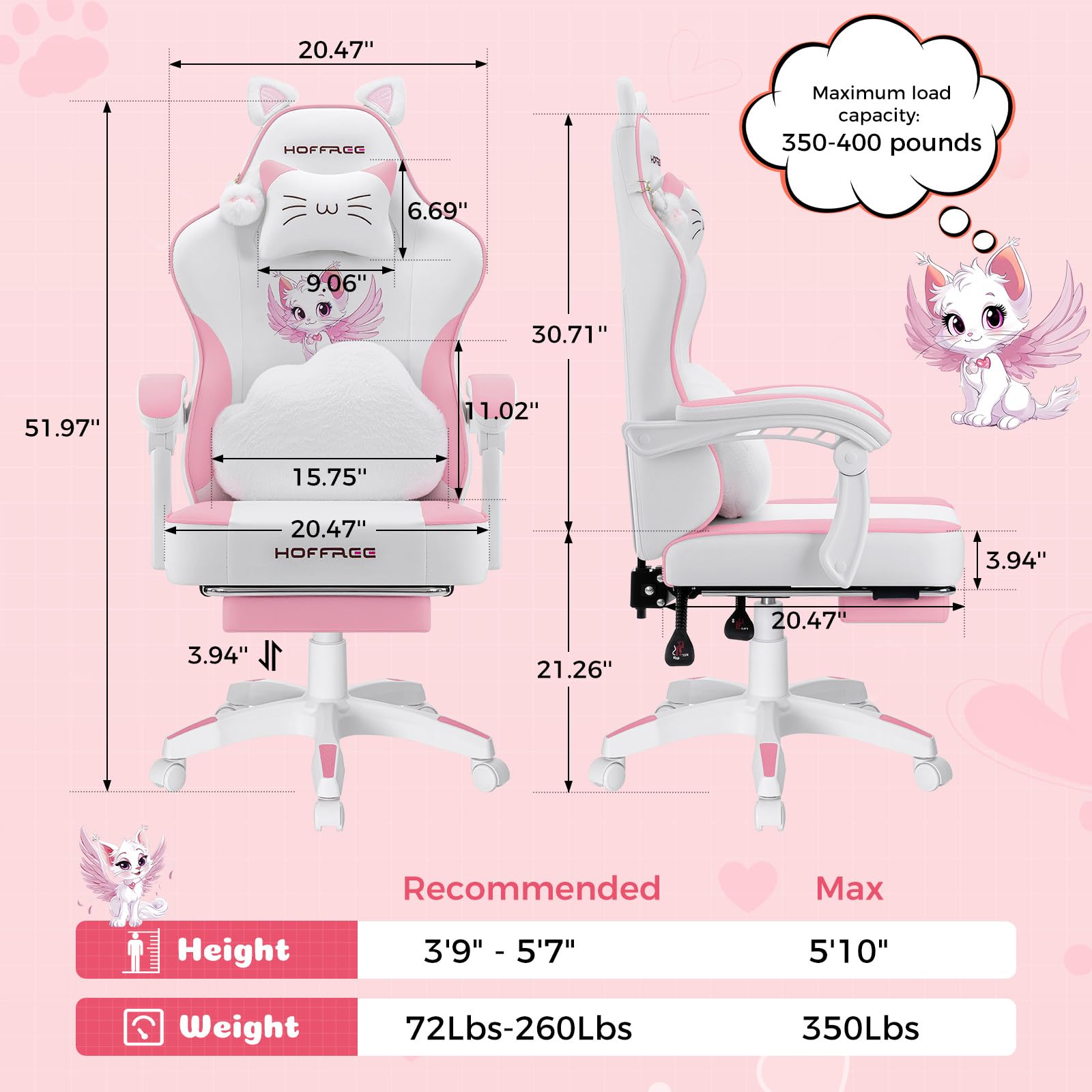 Pink Gaming Chair with Cat Ears and Massage Lumbar