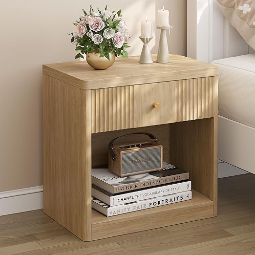 Fluted Nightstand Set of 2 with Drawer and Storage