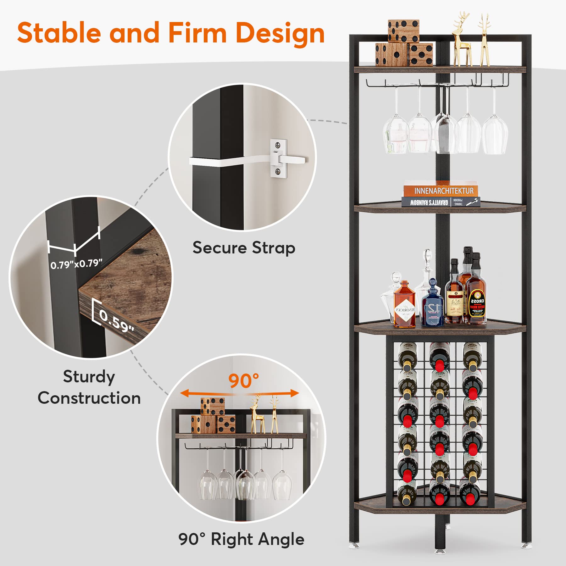 Corner Wine Rack with Glass Holder and Storage Shelves