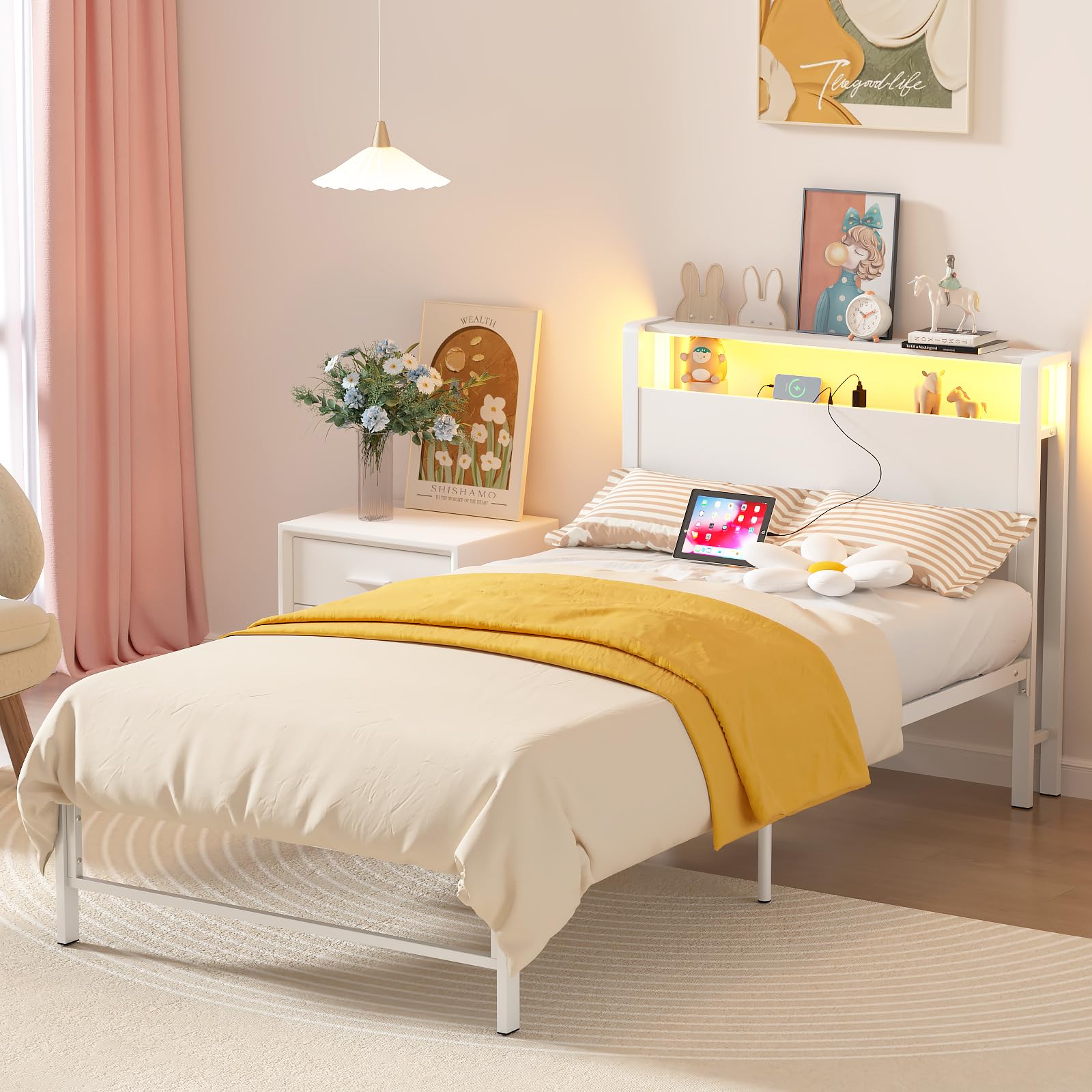 Twin Bed Frame with Storage Shelves and LED Lights