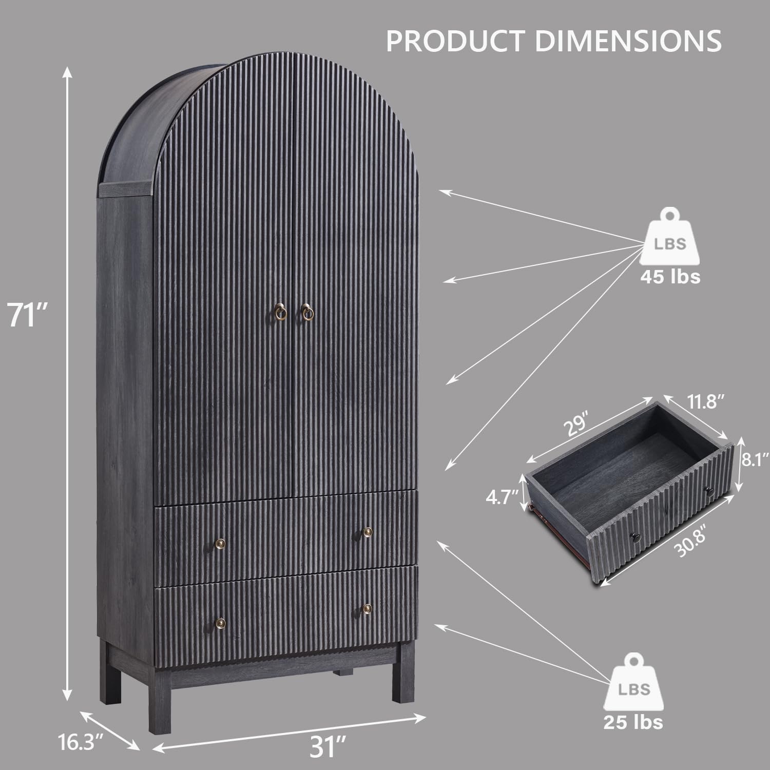 Arched Fluted Pantry Cabinet with Adjustable Shelves
