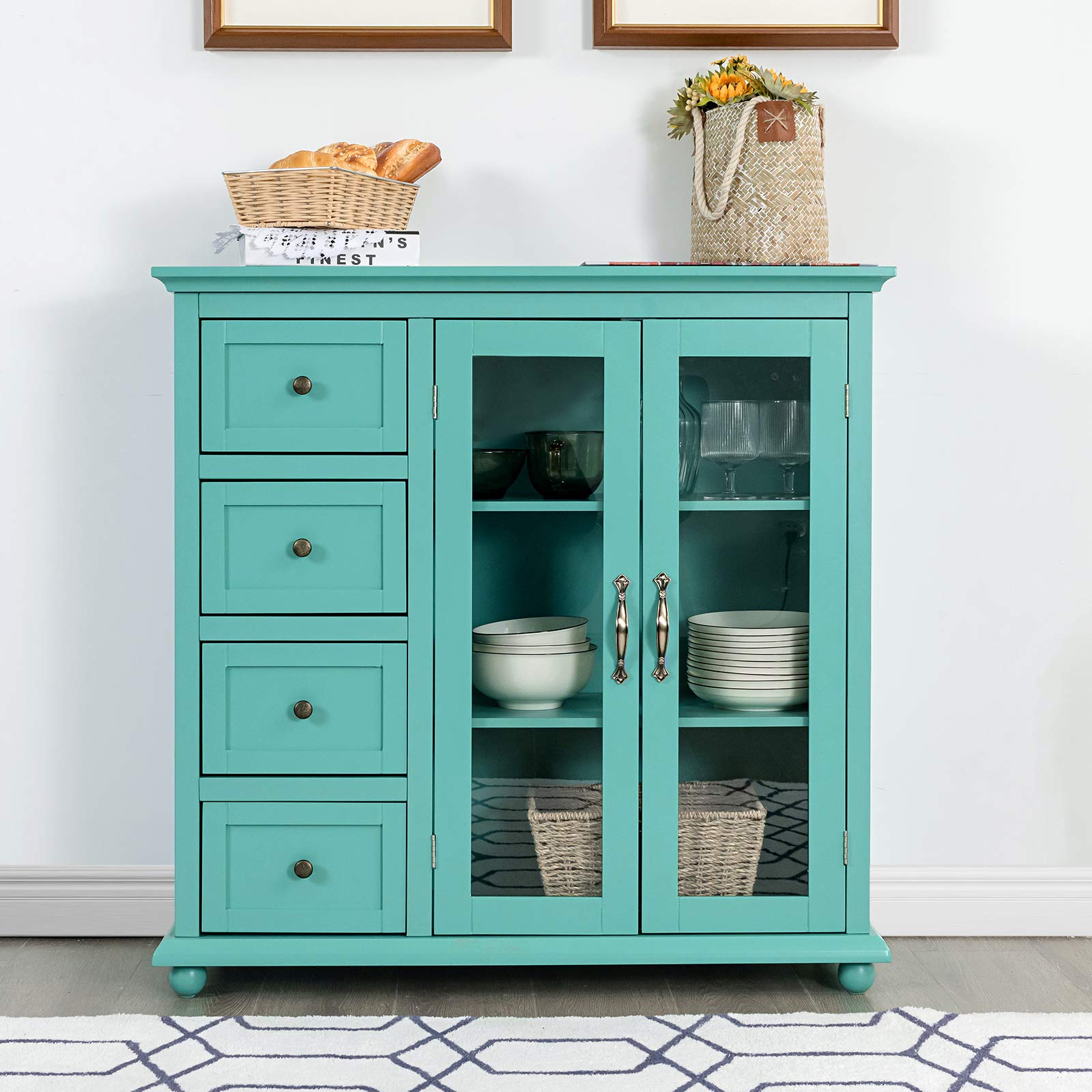 Buffet Sideboard with 4 Drawers and Glass Doors