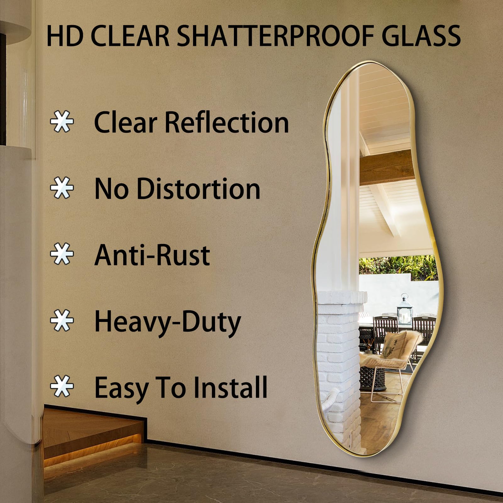 Large Asymmetrical Mirror 55x22 Gold Metal Frame