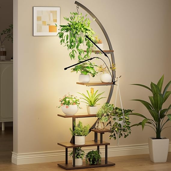 7-Tier Metal Plant Stand with LED Grow Light - Half Moon Design