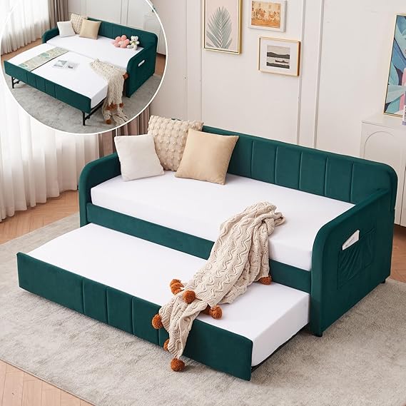 Twin Velvet Corner Daybed with Liftable Trundle and USB Charging