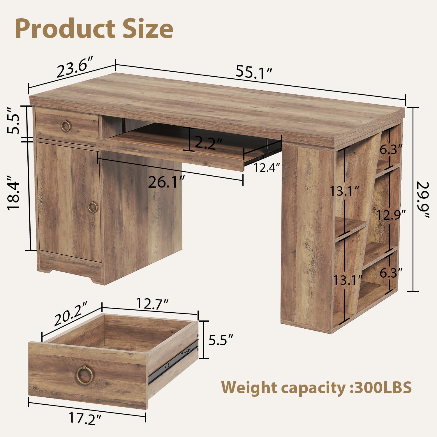 55 Inch Executive Office Desk with Drawers and Storage