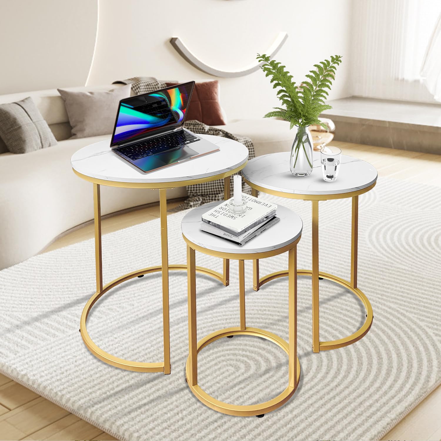 Nesting Tables Set of 3 Round Coffee Side Tables Gold