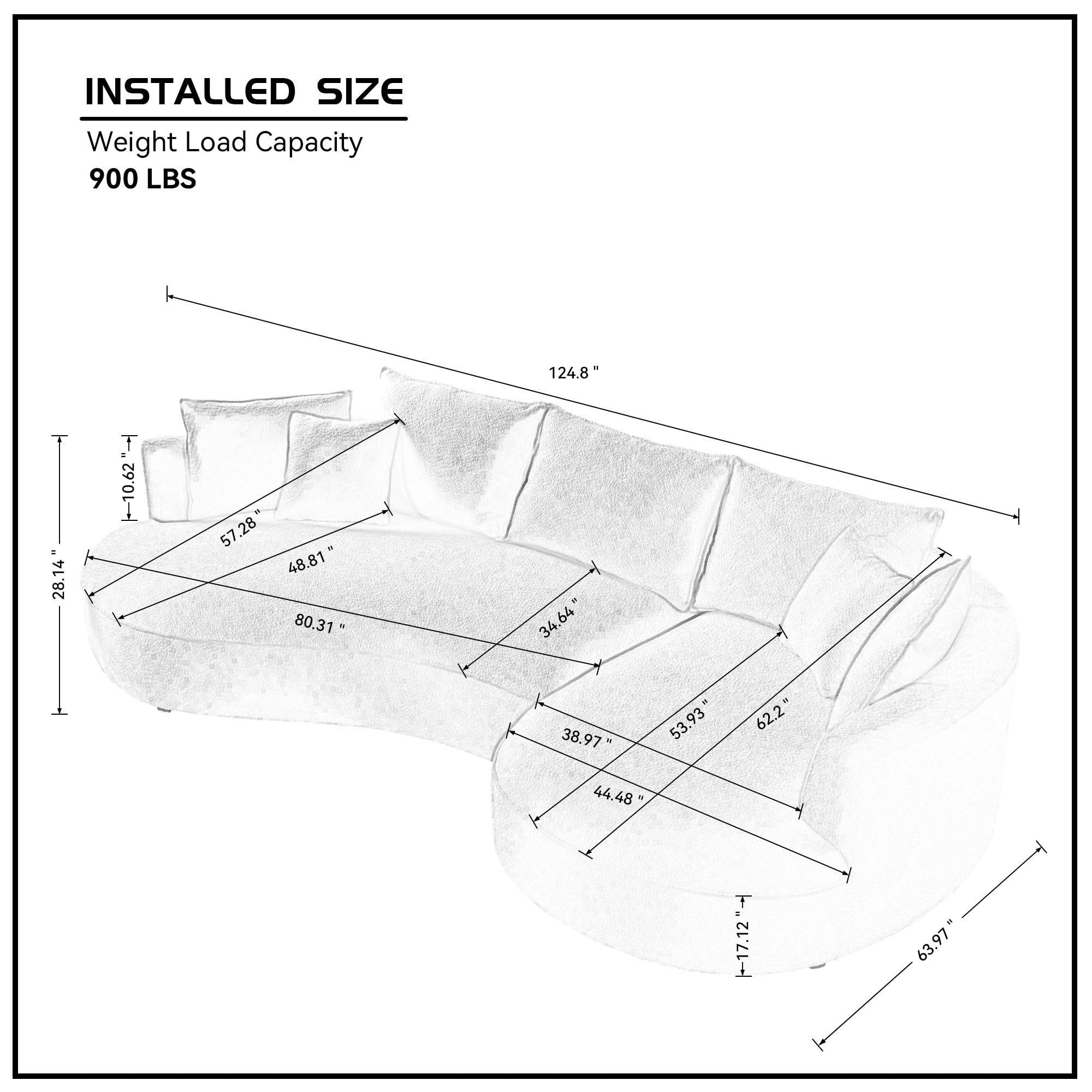 KEIKI 125" Luxury Curved Boucle Sectional Sofa with Right Chaise, Upholstered Modern Style Oversized 5-Seater Couch with Thickened Seat Cushions, Easy Assembly, for Apartment, Living Room, Yellow