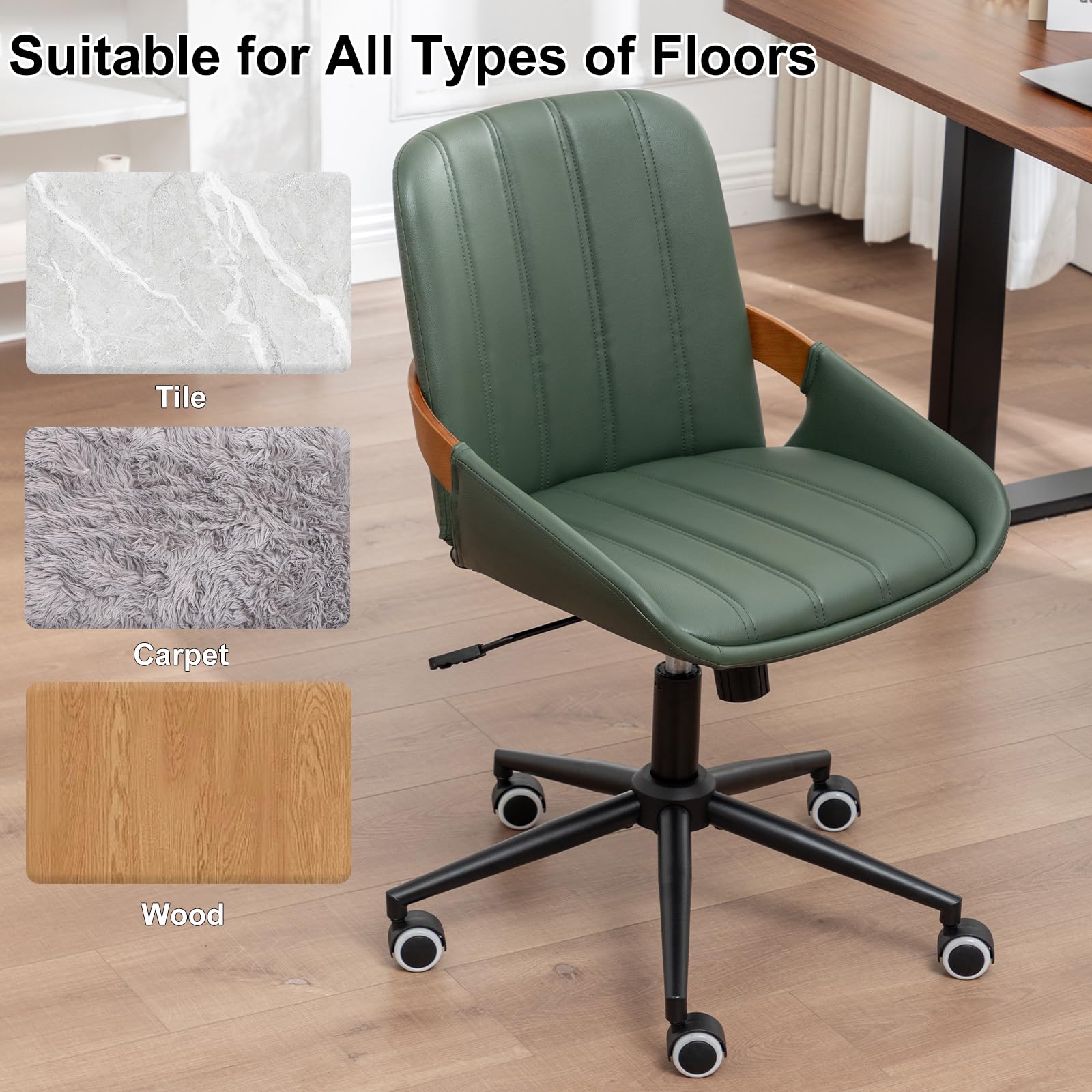 PU Leather Desk Chair with Wheels - Adjustable Height Swivel Office Chair