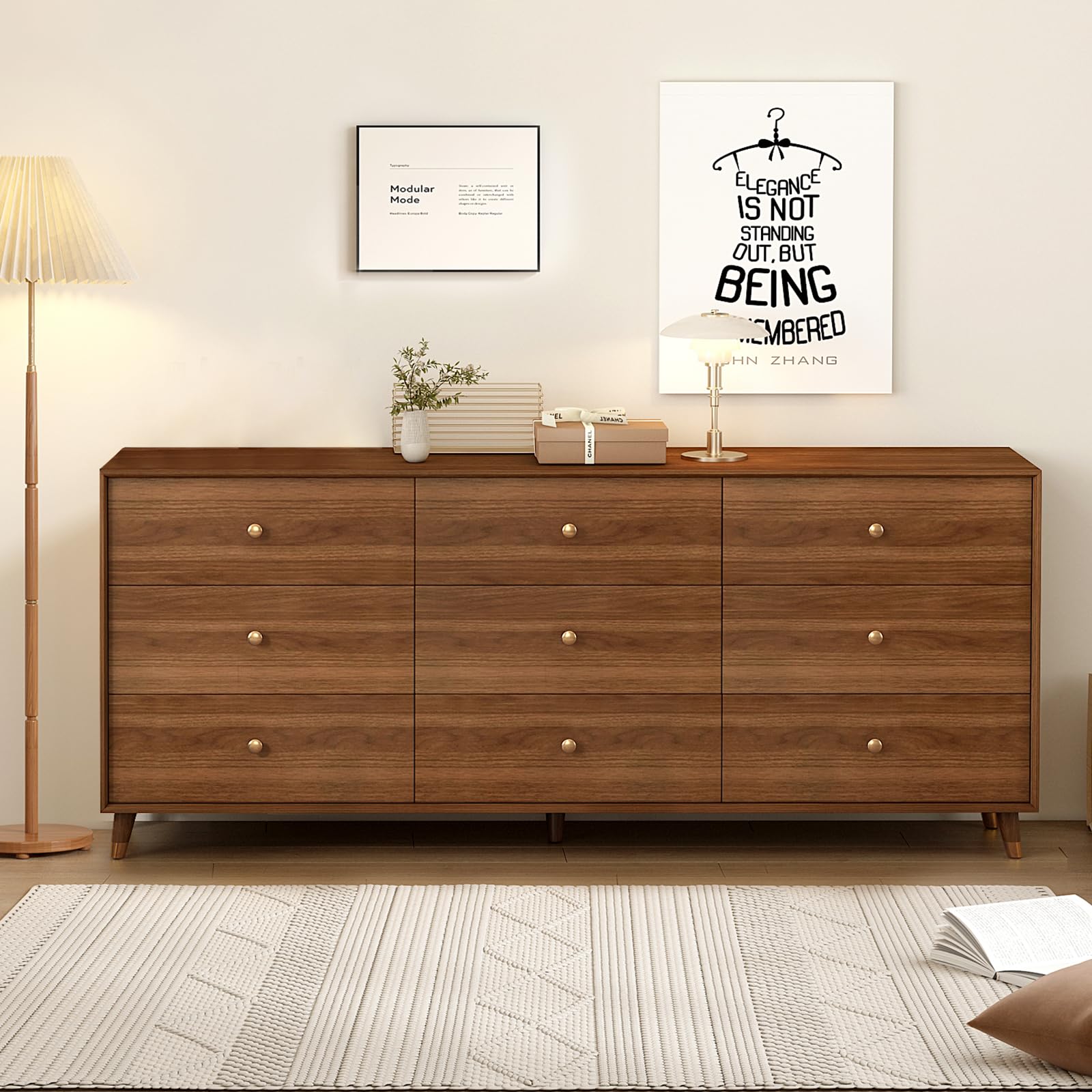 Modern 9 Drawer Dresser with Walnut Frame