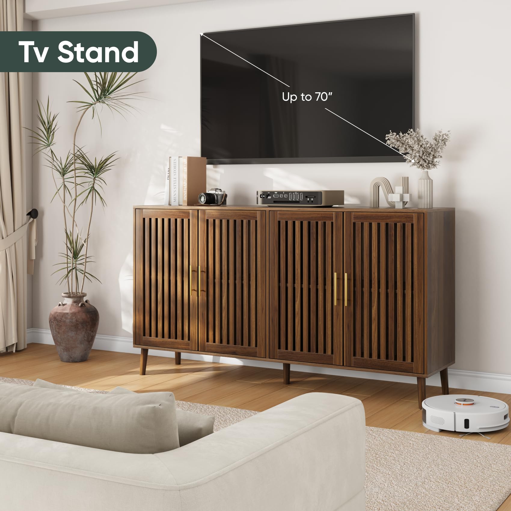 Walnut Slatted Door Storage Cabinet 63 Inch