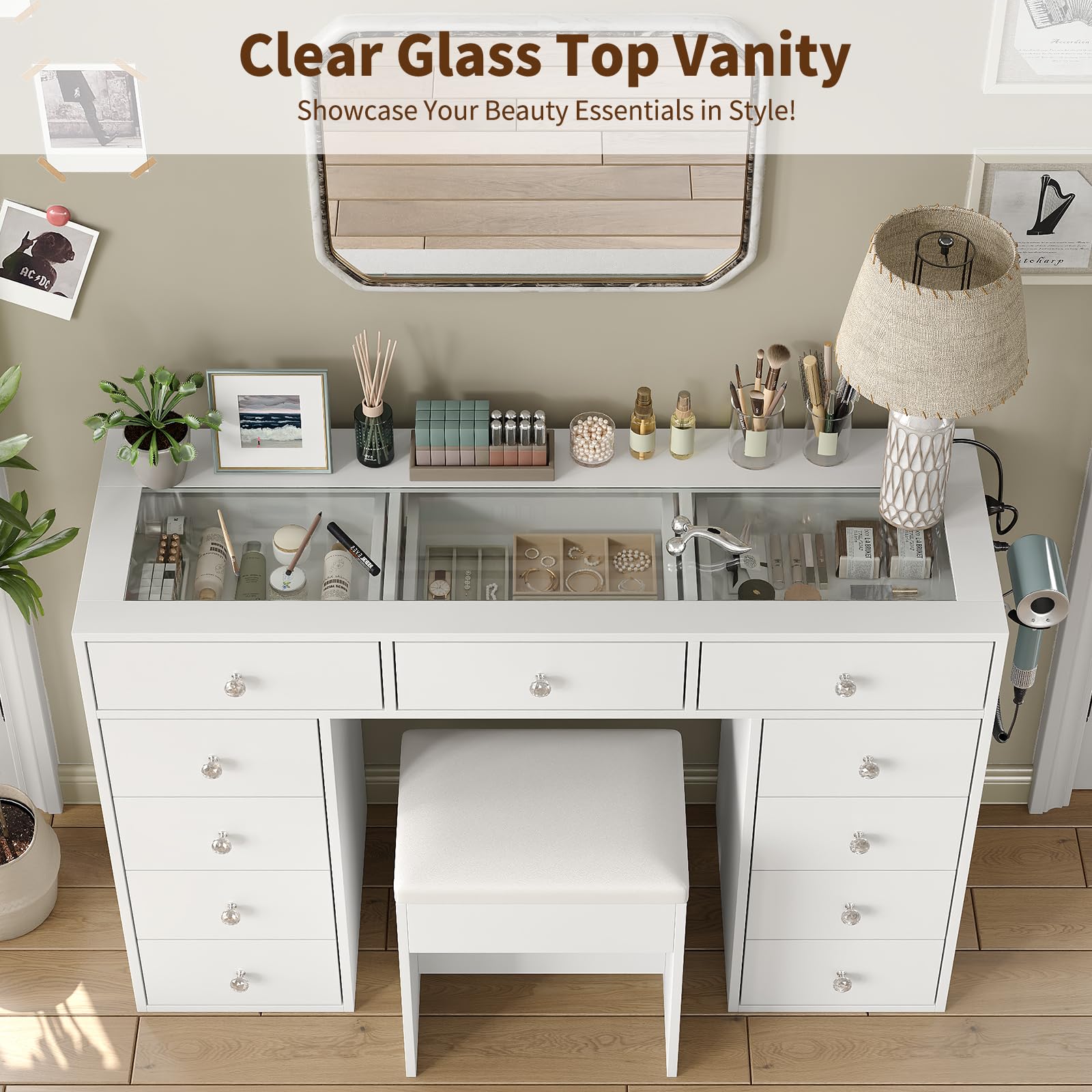 47" Glass Top Vanity Desk with 11 Drawers and Charging Station