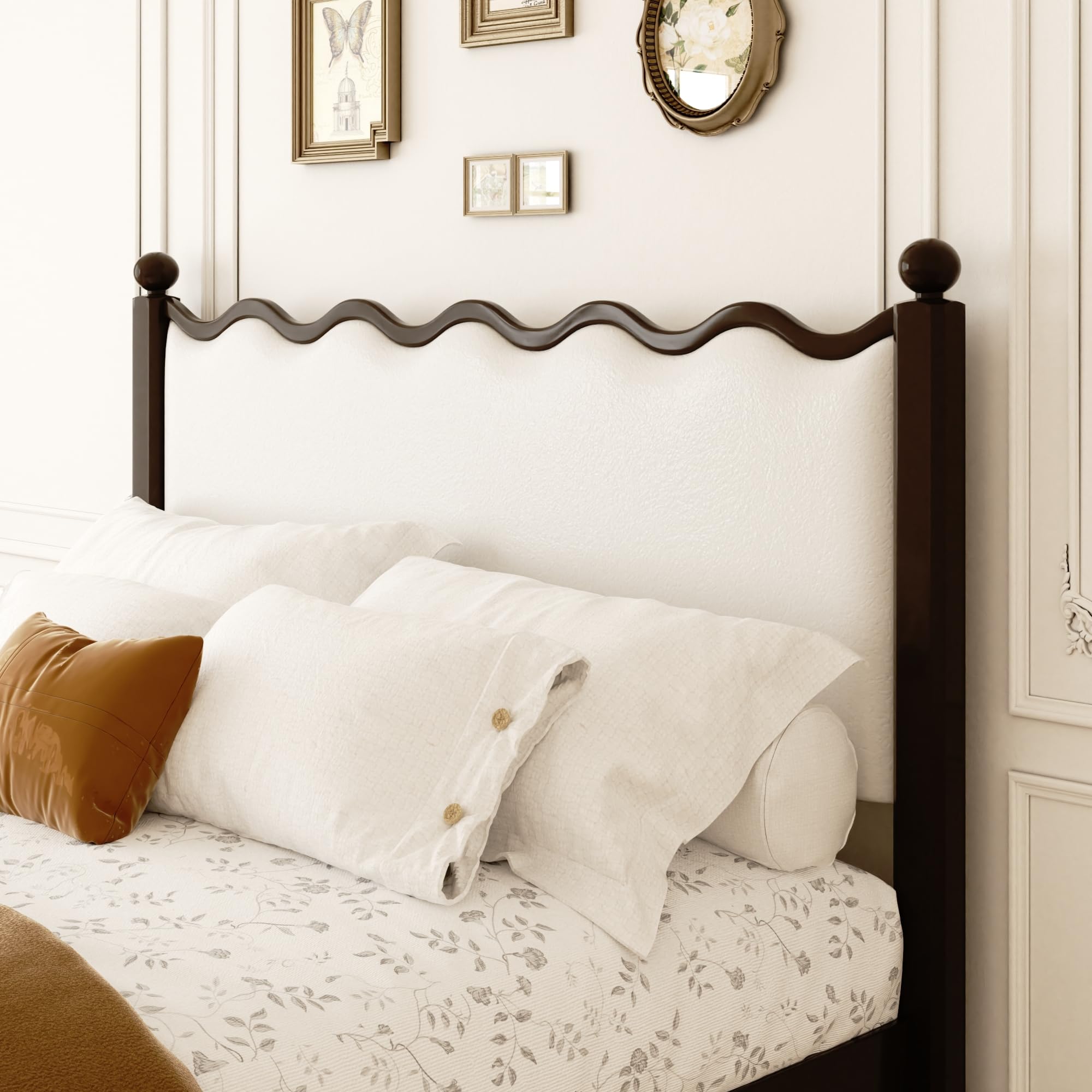 Queen Bed Frame with Vintage Wave Headboard 48" Tall