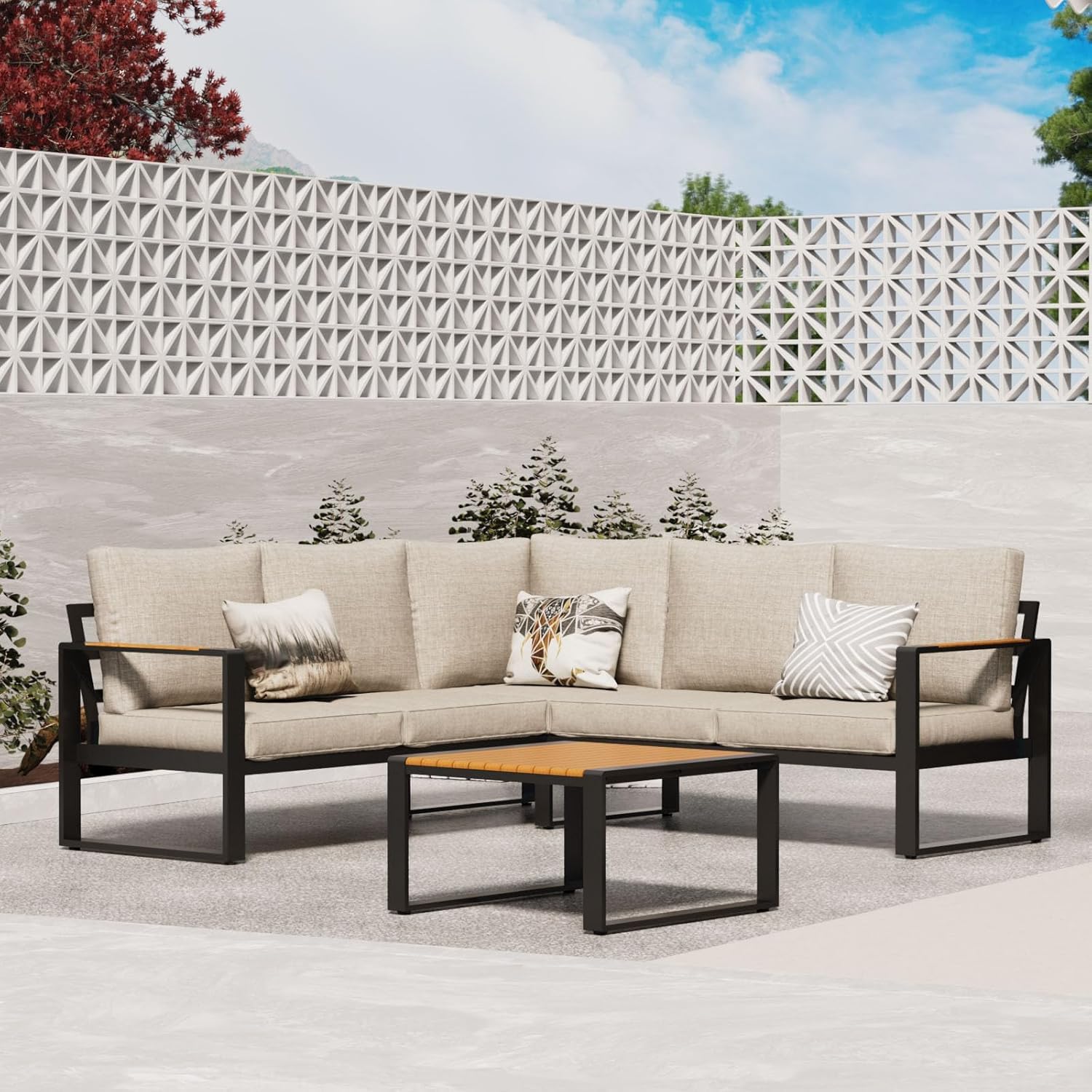 Aluminum Patio Furniture Set L-Shaped Sectional with Teak Coffee Table