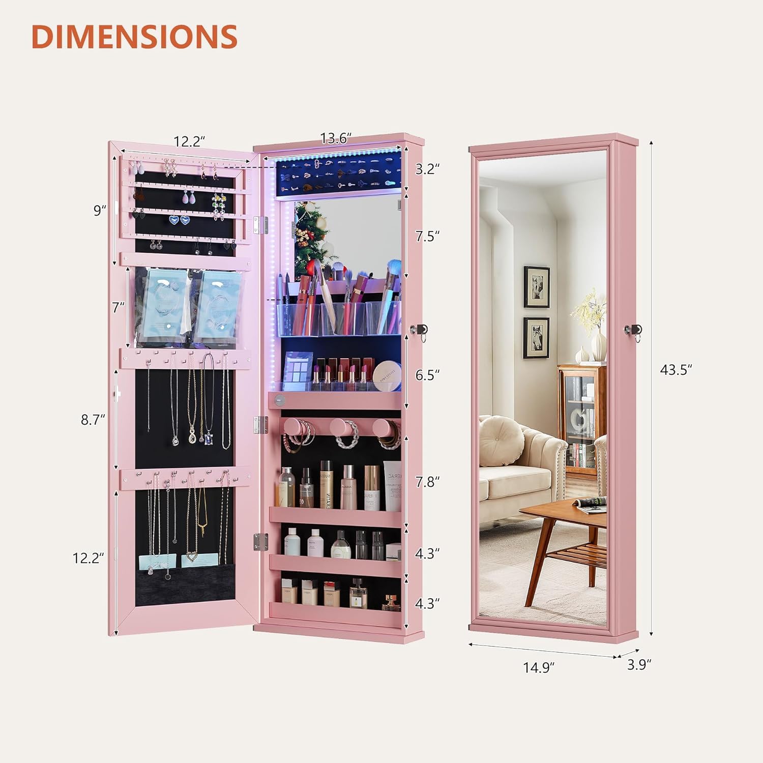 360° Swivel Jewelry Cabinet with RGB Lights and Full Length Mirror