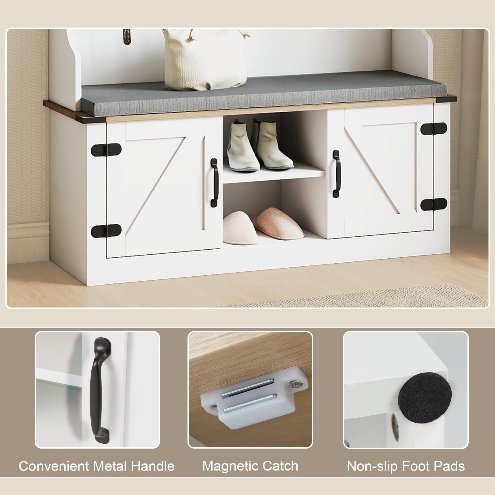 Hall Tree with Cushioned Bench and Shoe Storage