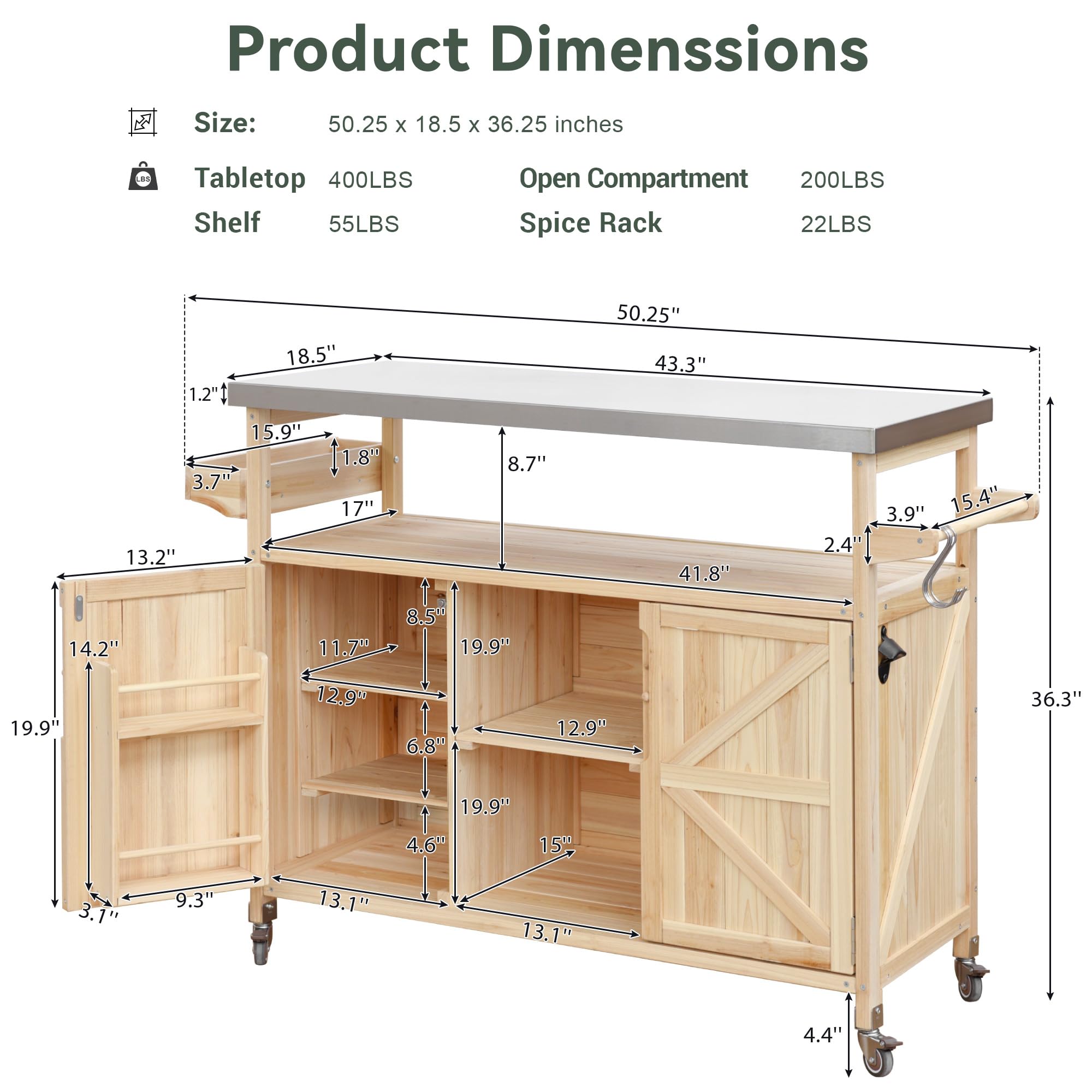 Outdoor Kitchen Rolling Bar Cart with Stainless Steel Top