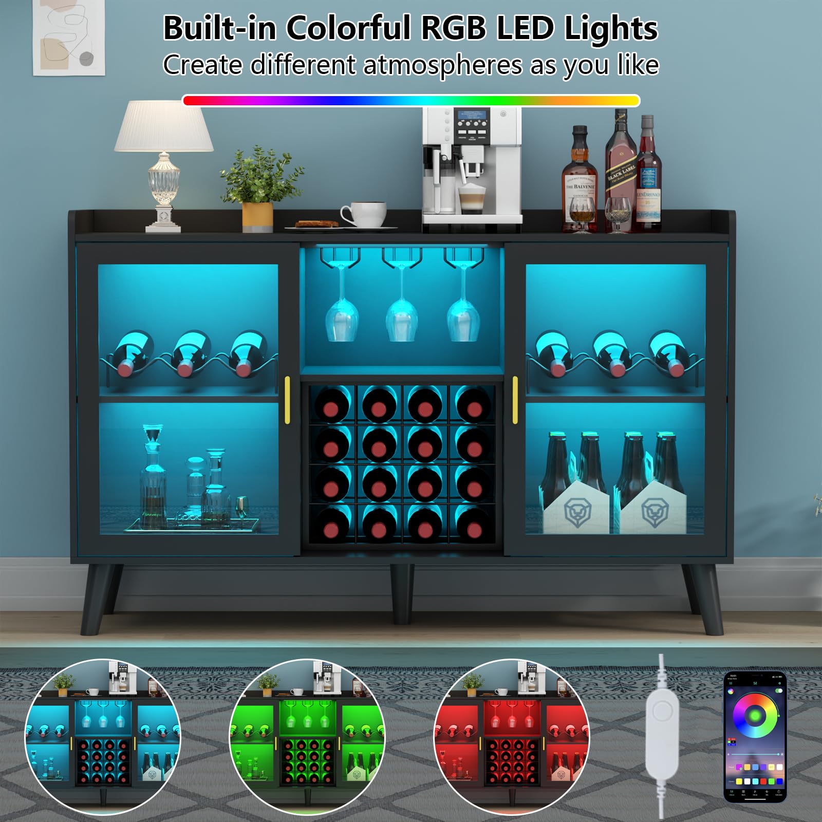 Wine Bar Cabinet with LED Light and Storage