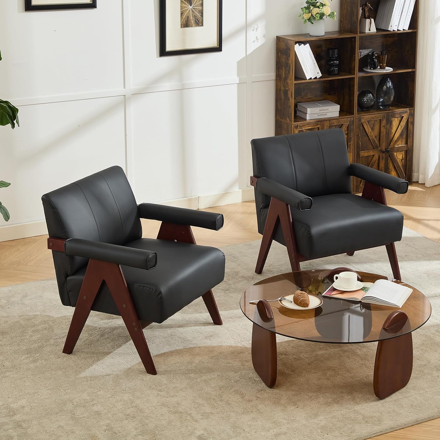 Mid-Century Modern Black Leather Accent Chair