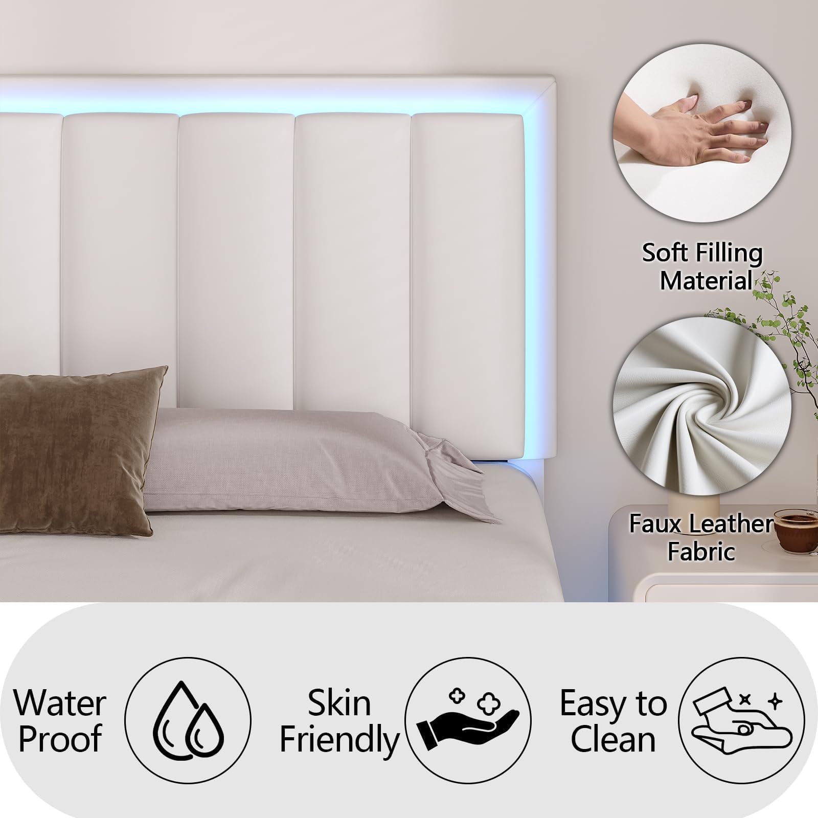 Floating Bed Frame King Size with LED Lights and Upholstered Headboard