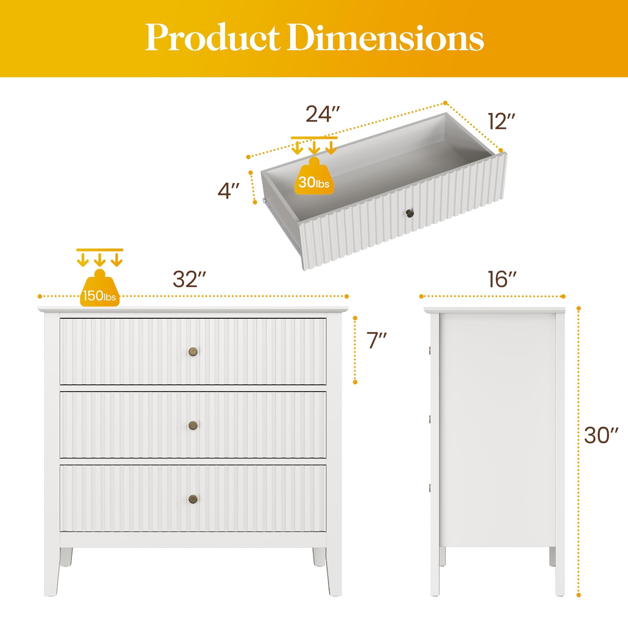 White 3 Drawer Dresser with Fluted Panel