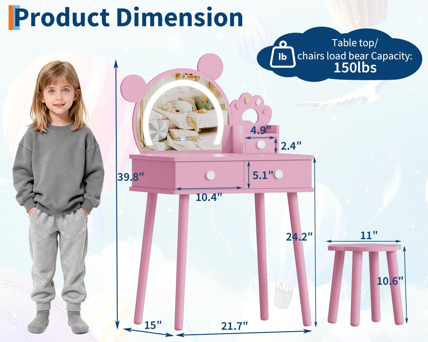 Bear-Shaped Toddler Vanity Set with LED Mirror