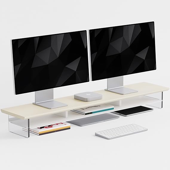 Dual-Tier Monitor Stand with Wooden Shelf and Metal Frame