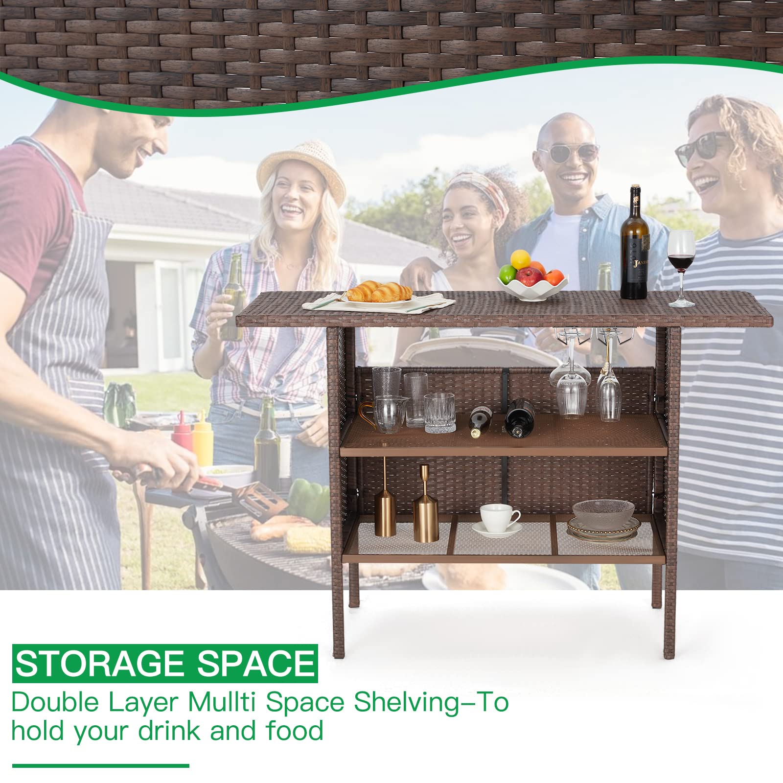 Outdoor Wicker Bar Table with Storage