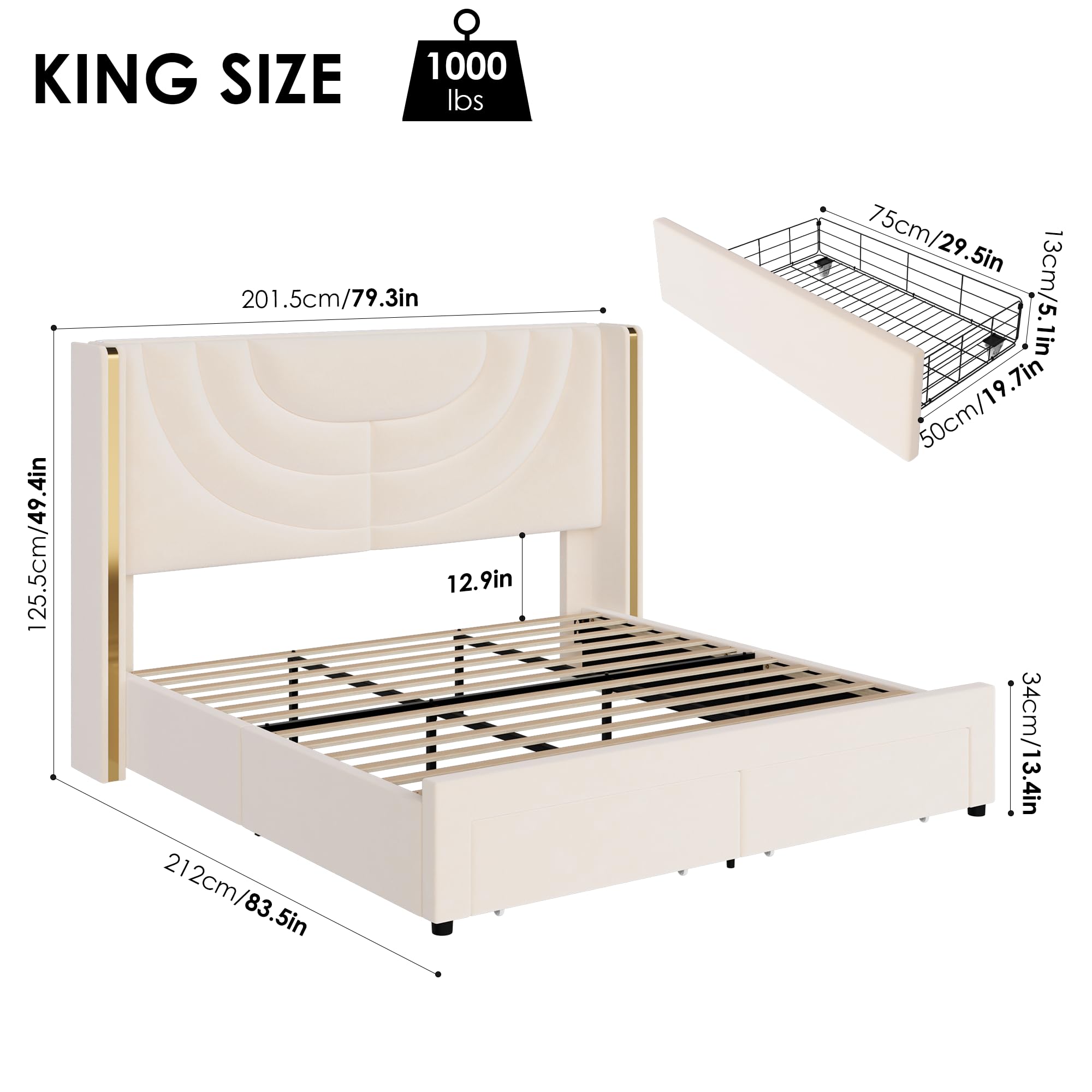 King Upholstered LED Bed Frame with Storage Drawers