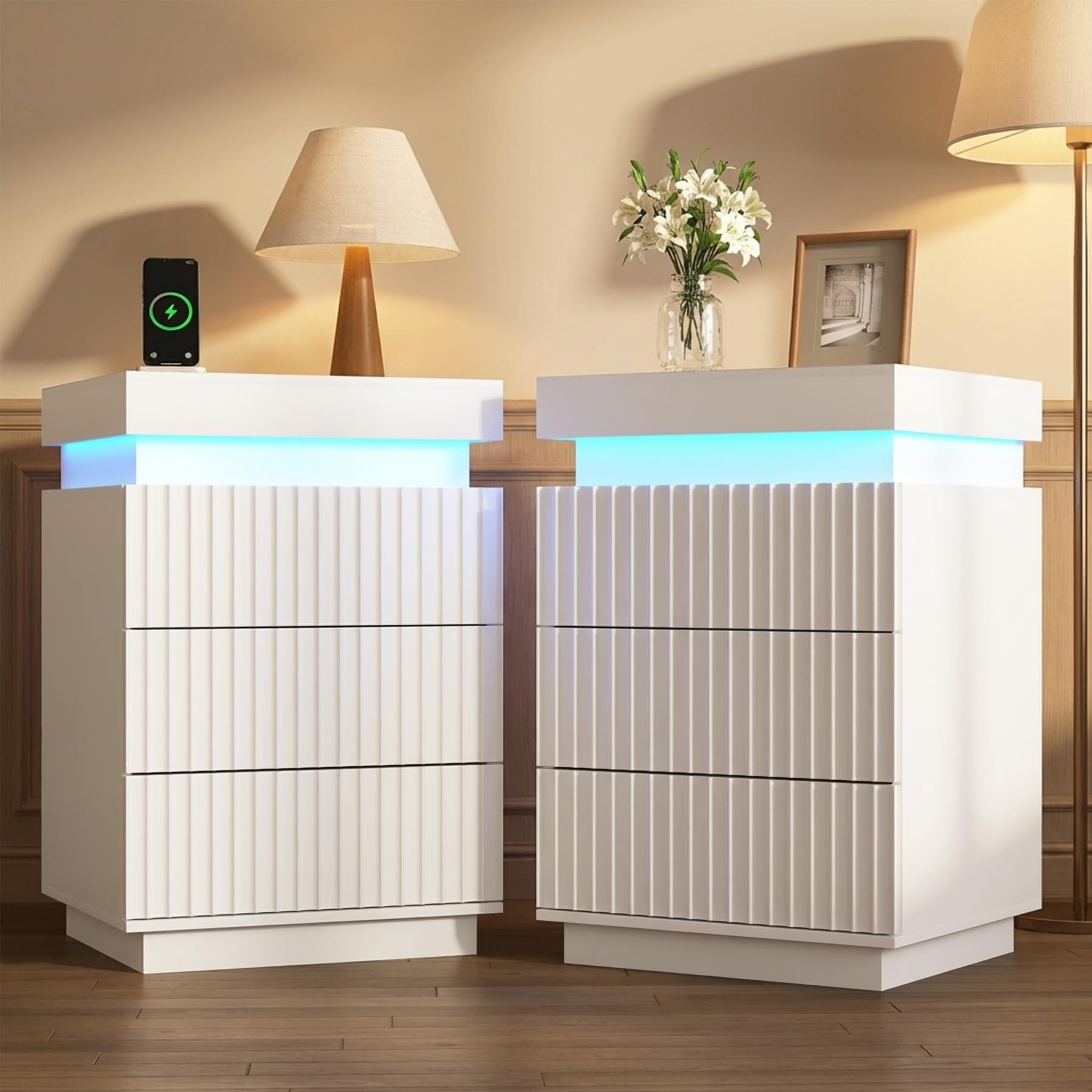 LED Nightstands with Charging Station and Sliding Top