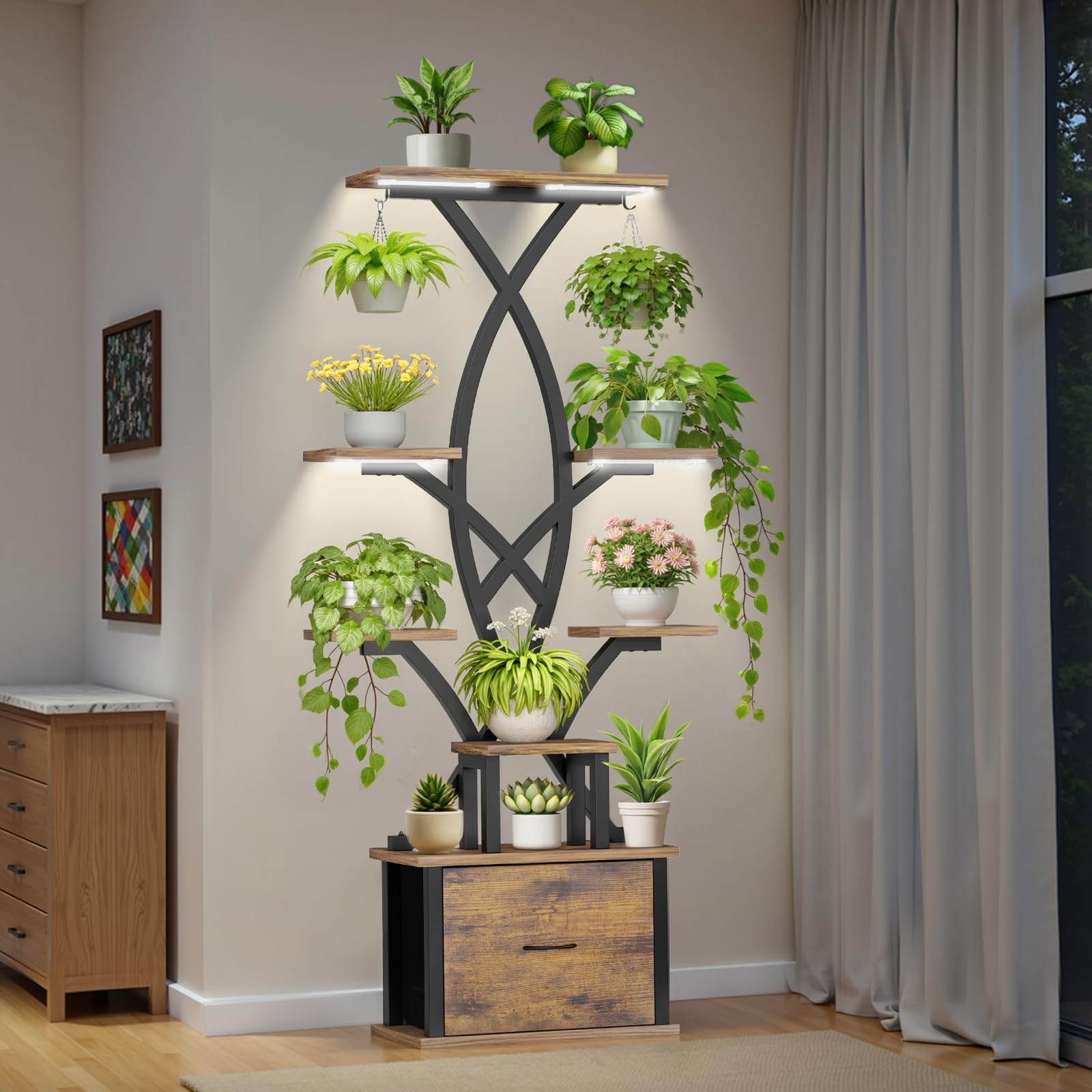8-Tiered Plant Stand with Grow Lights and Storage Drawer