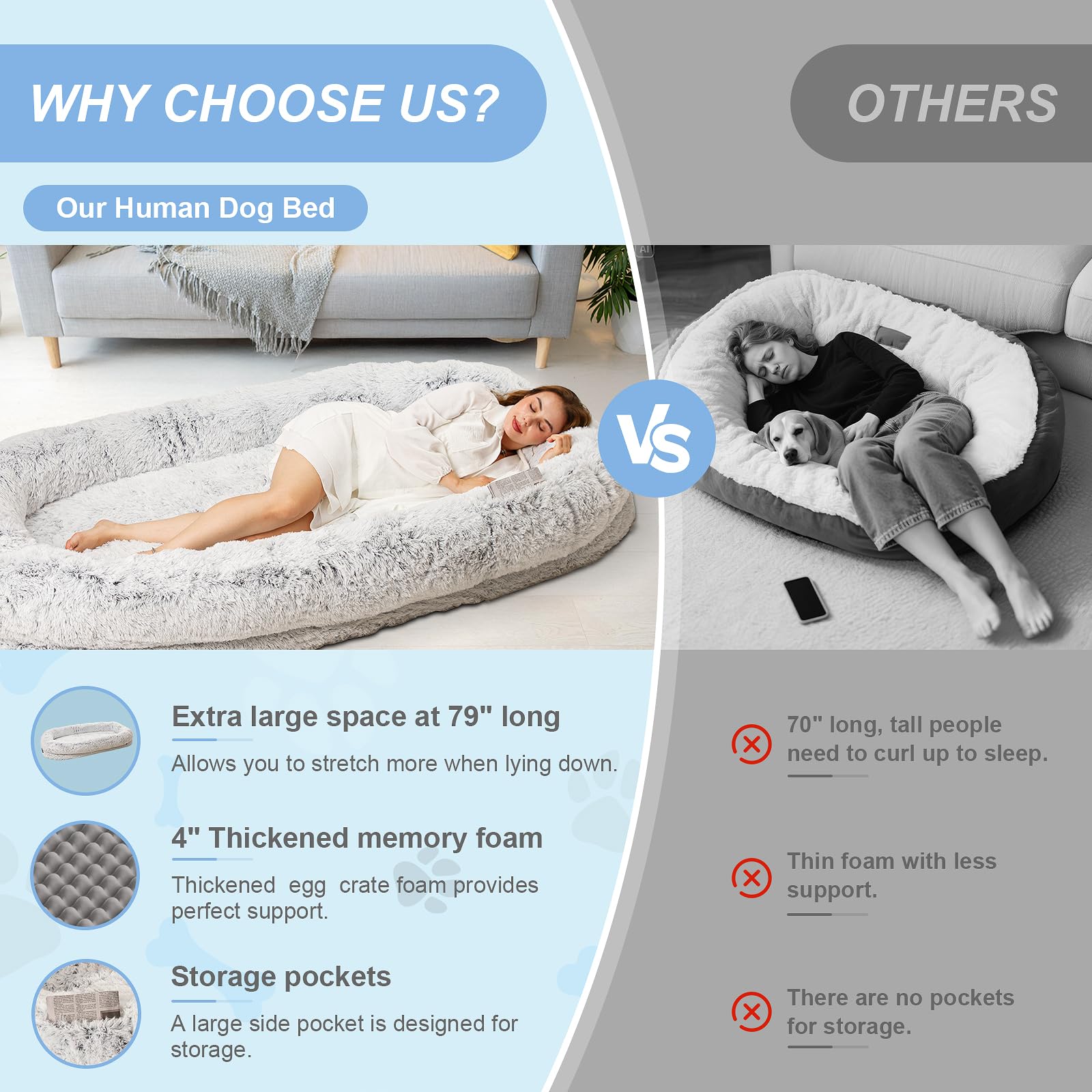 Orthopedic Human Dog Bed XL Light Grey